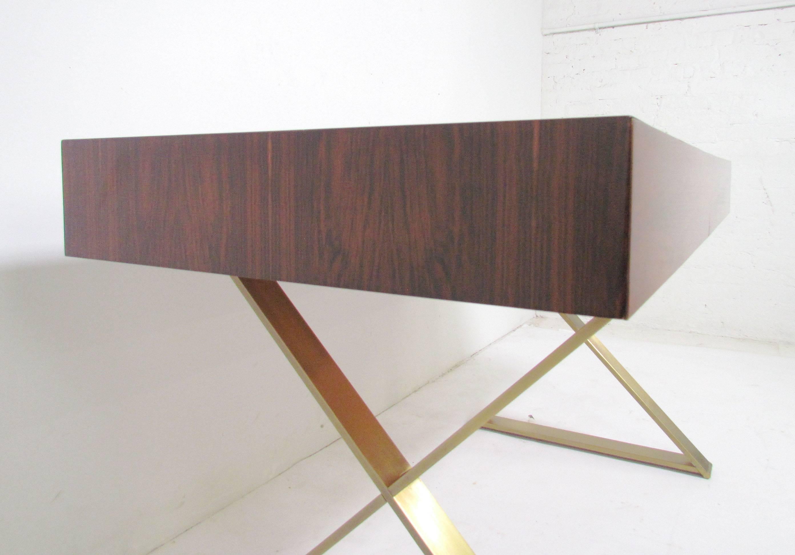 Rare X-Base Campaign Desk in Rosewood by Milo Baughman In Good Condition In Peabody, MA