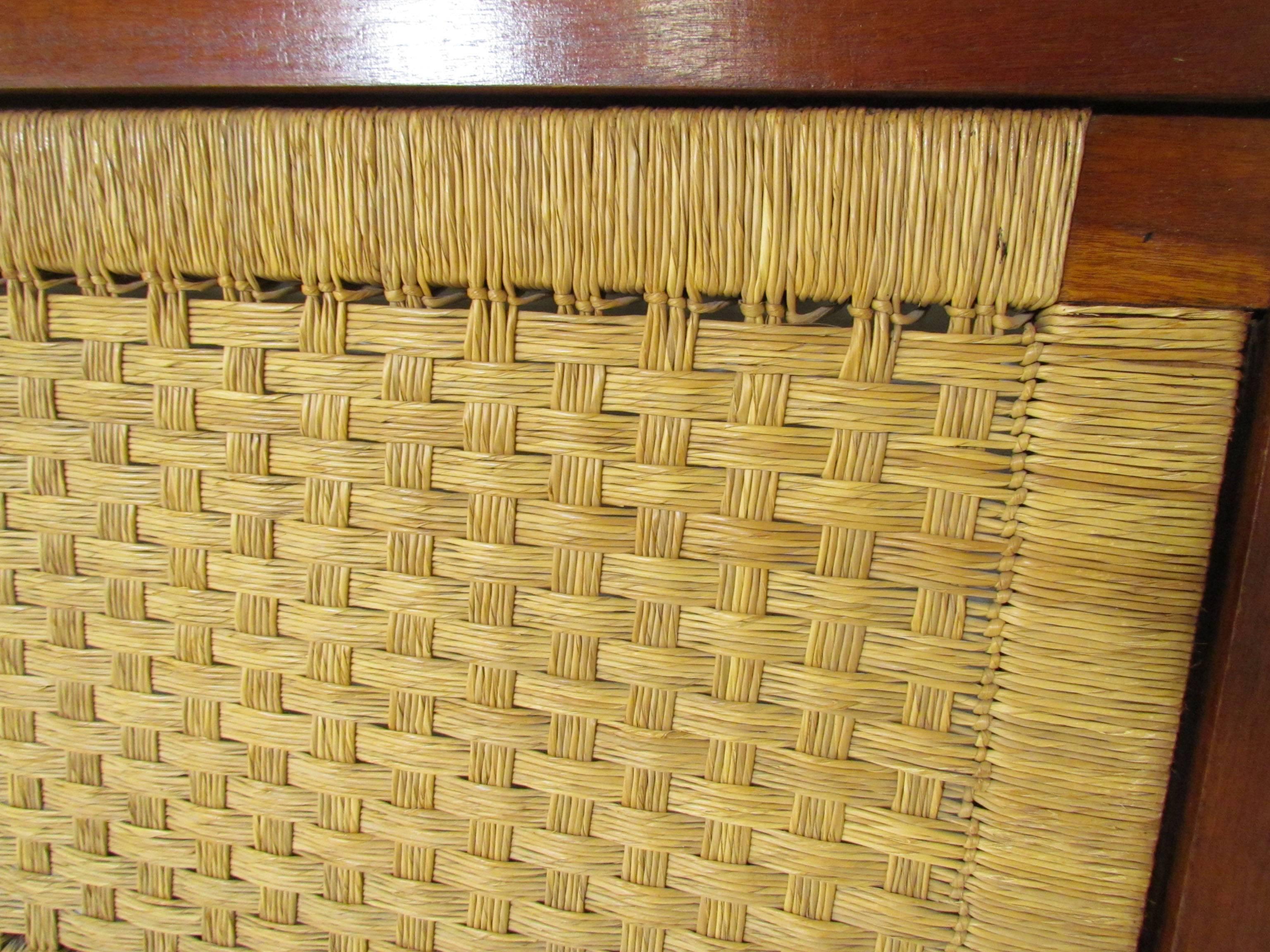 Mid-Century Modern Pair of Mexican Mid-Century Single Beds with Handwoven Cane, circa 1950s