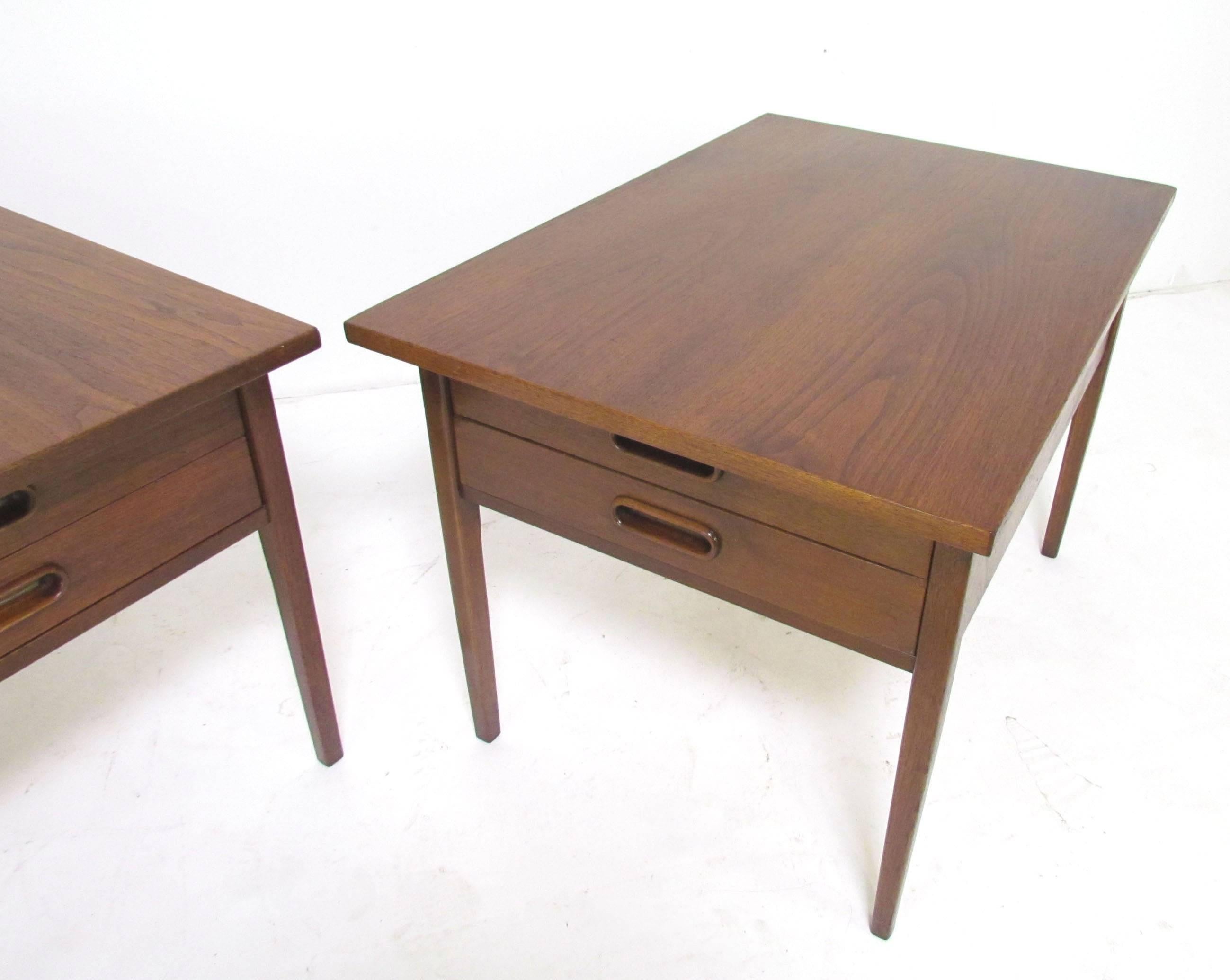 Pair of Danish Modern Walnut and Teak Two-Drawer Side or End Tables In Good Condition In Peabody, MA