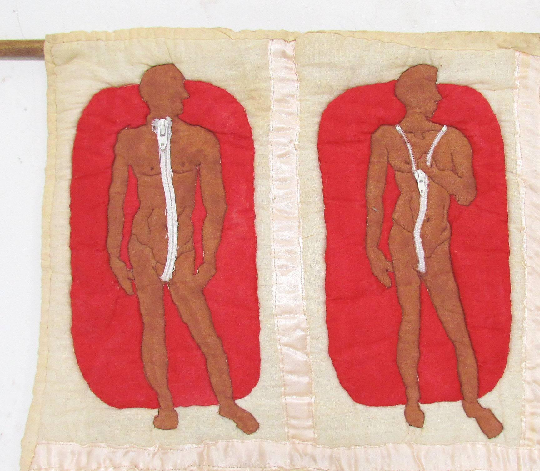 Midcentury 1970s handmade quilted mixed-media textile wall hanging consisting of 12 panels depicting the incremental transformation of a figure from male to female and back again. The figure unzips and sheds its 