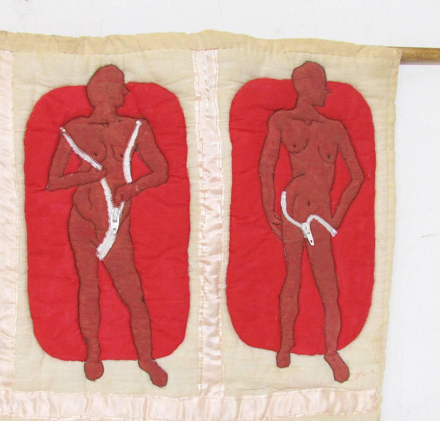 Outsider Art Rare 1970s Handmade Textile Art Wall Hanging Depicting Gender Transformation