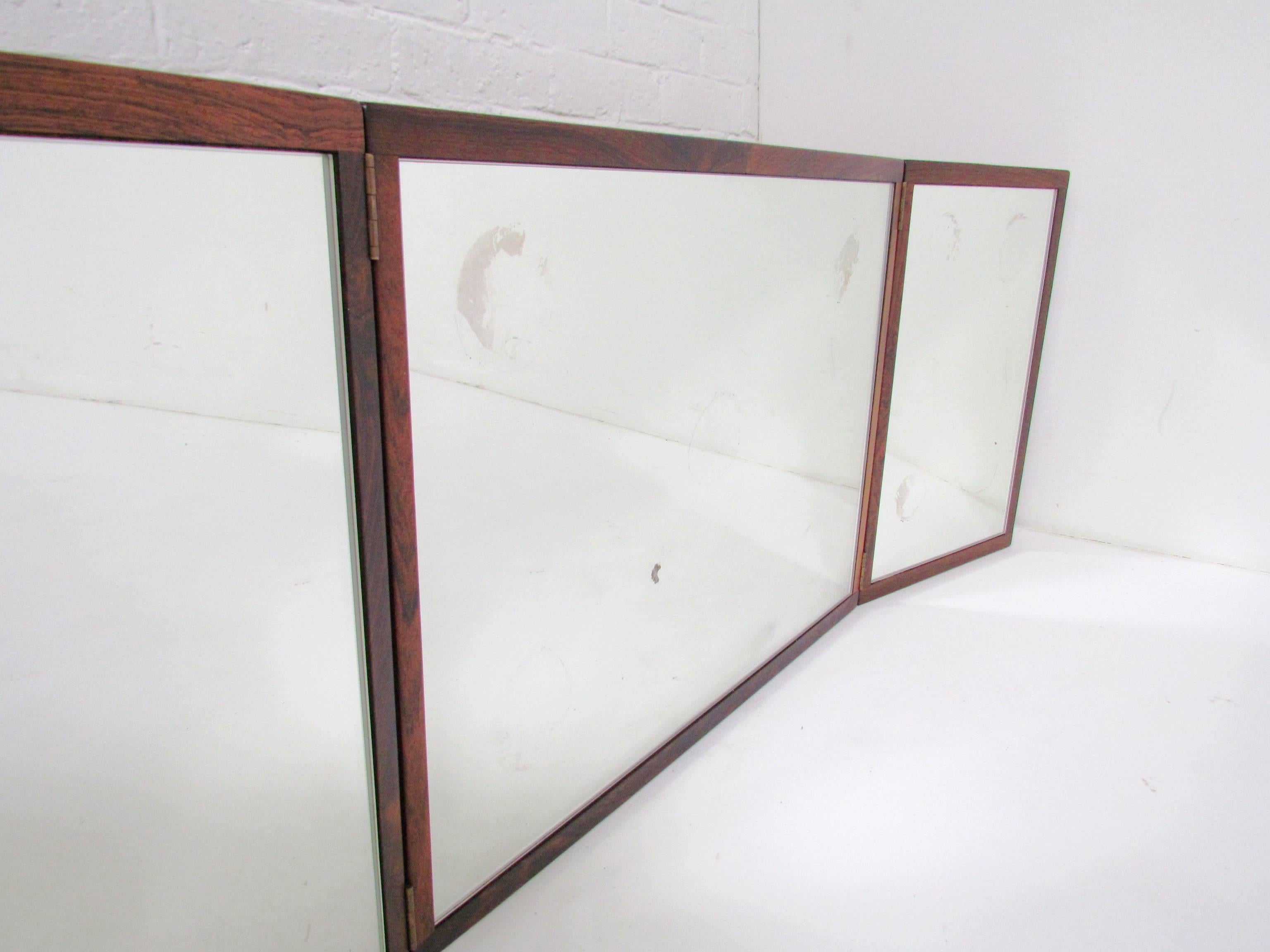 Danish Rosewood Tri Fold Wall Mirror by Kai Kristiansen for Aksel Kjersgaard In Good Condition In Peabody, MA