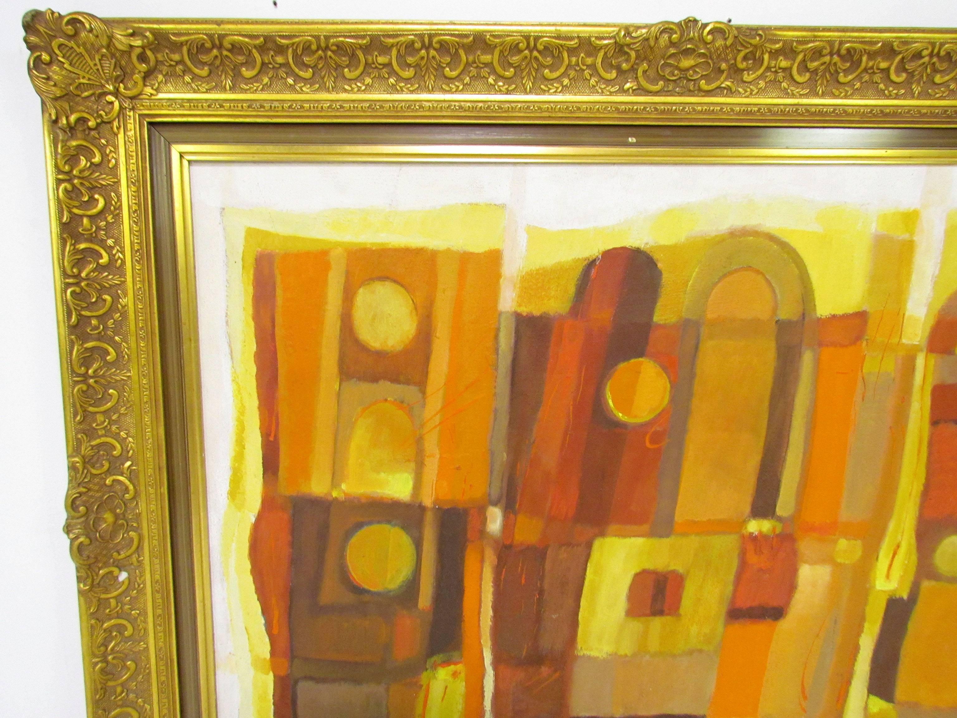 Vibrant Mid-Century abstract painting, oil on canvas board, signed di Giovanni, ca. 1960s, in an ornate gilded wood frame. Robert (Bob) Di Giovanni is a Massachusetts artist and art professor, who graduated with a BFA from the Massachusetts College