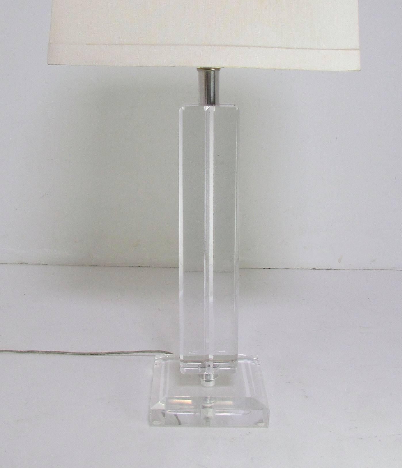 Pair of columnar table lamps in Lucite by the Ritts Astrolite Company, with original Lucite finials and chromed accents. One retains the original Ritts Co. label.

Without shades, these measure 34.5
