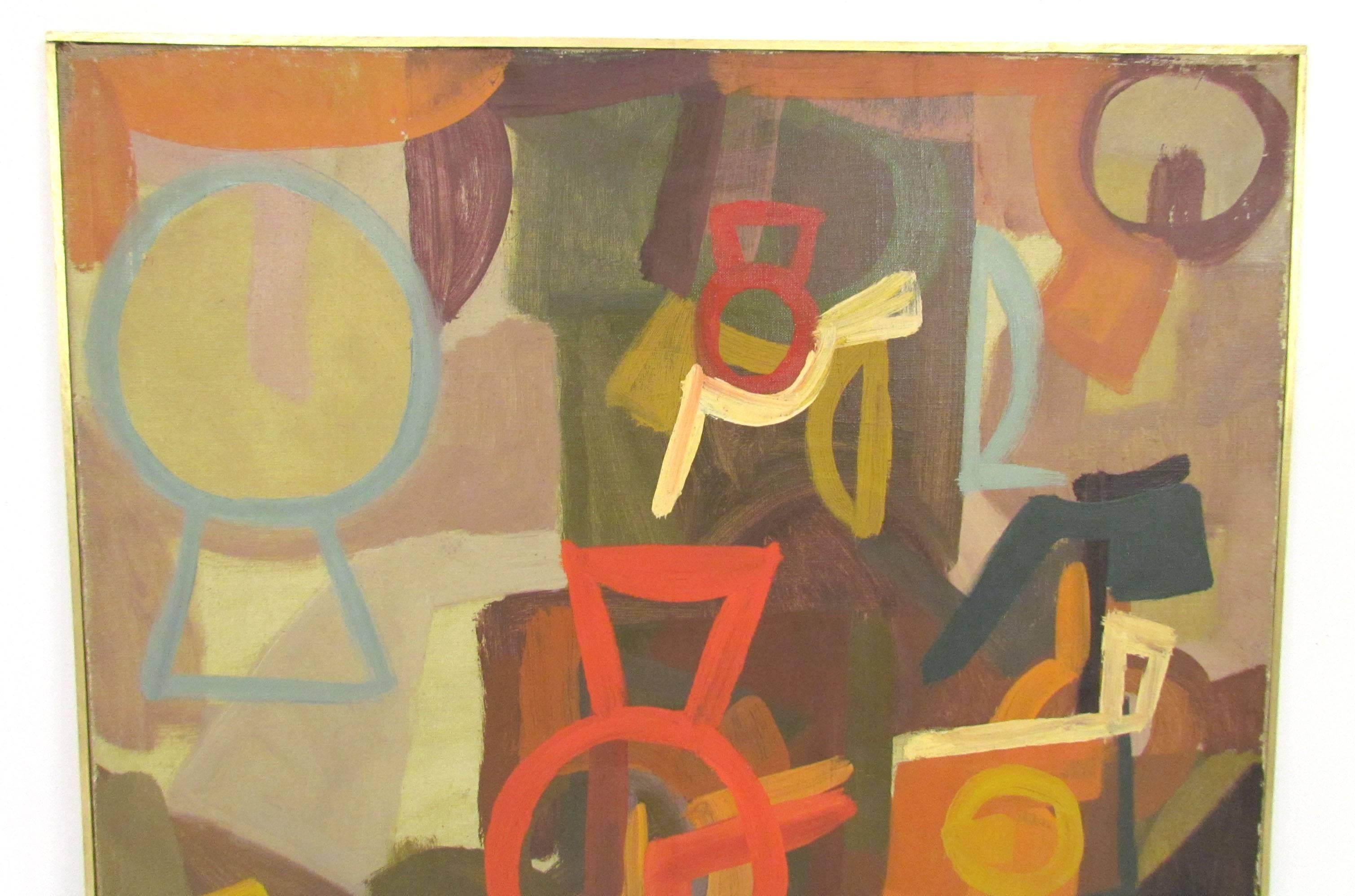 An early work of abstract symbolist painting by Harold Mesibov, dated 1955.

