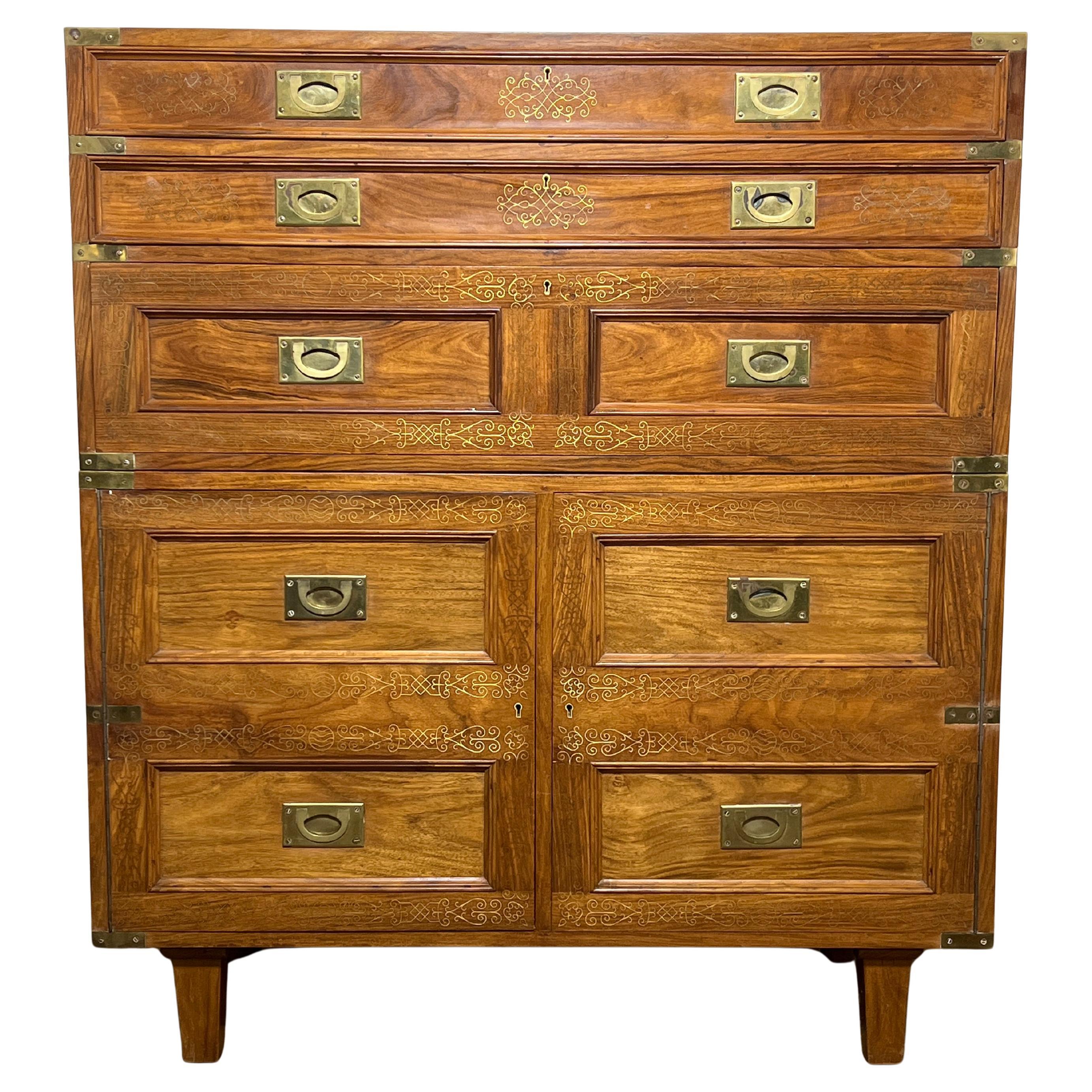 Anglo-Indian Campaign Style Chest on Chest With Brass Inlay Circa 1960s