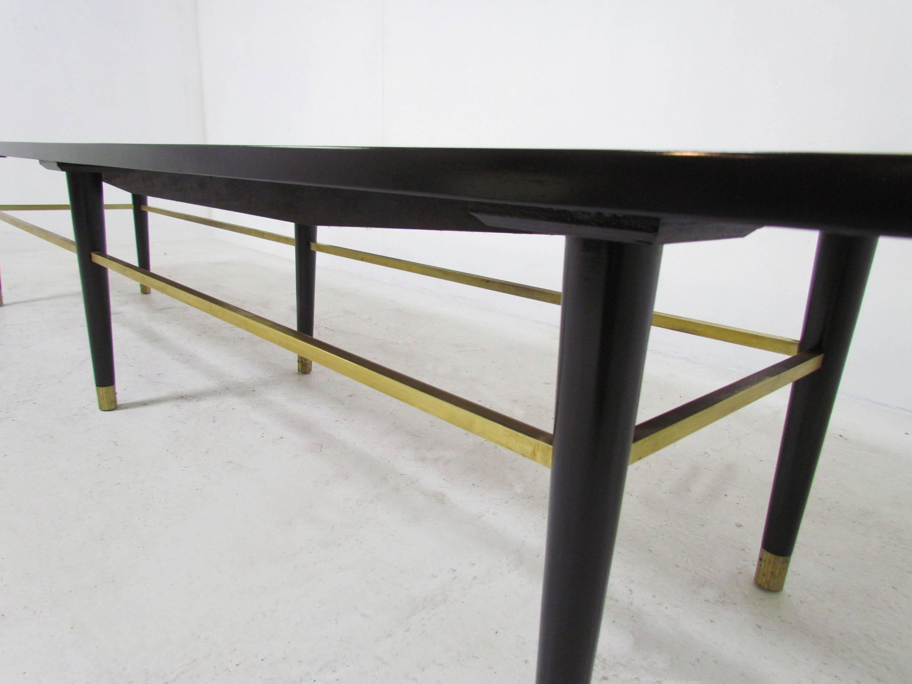Mid-Century Coffee Table with Brass Stretchers in Manner of Paul McCobb In Good Condition In Peabody, MA