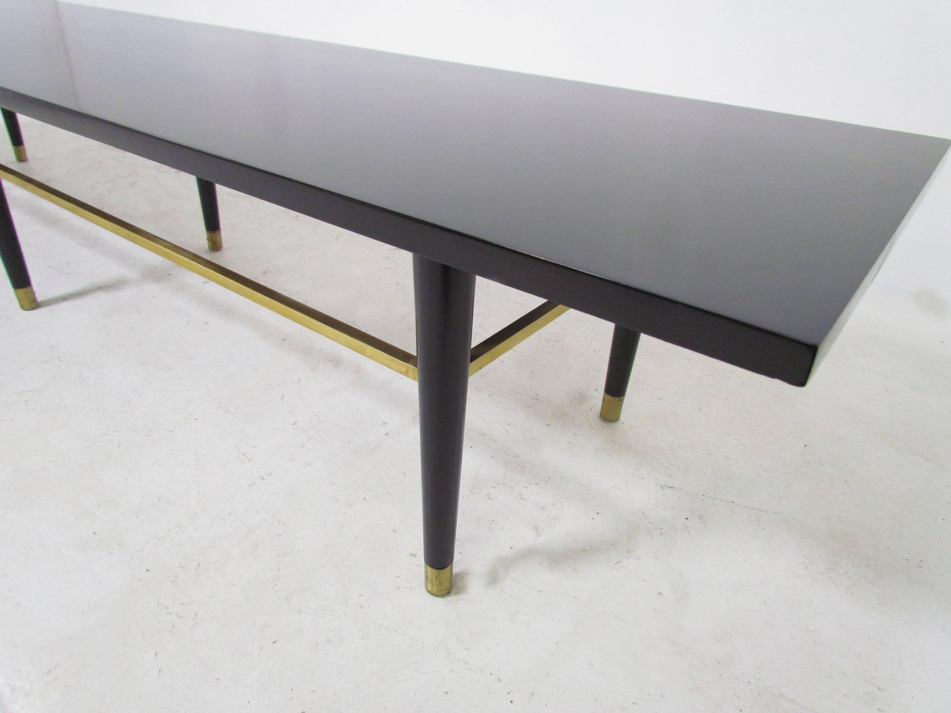 Lacquered Mid-Century Coffee Table with Brass Stretchers in Manner of Paul McCobb