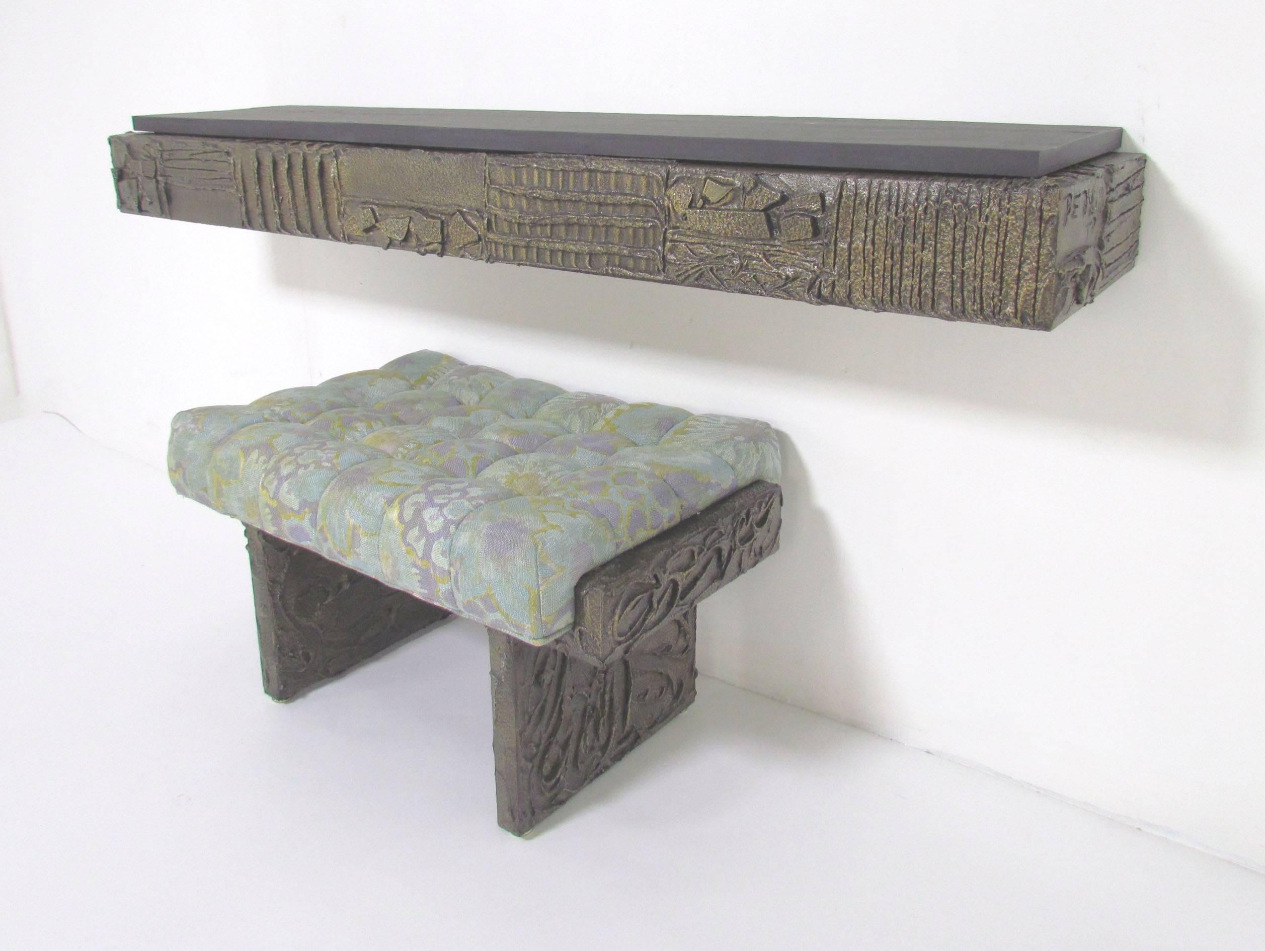 Late 20th Century Sculpted Bronze Wall Mounted Console Shelf with Slate Top by Paul Evans