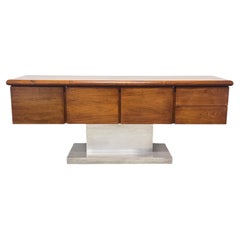 Credenza in stile Warren Platner, in noce e alluminio lucido, in stile "Space Age", anni '70 circa