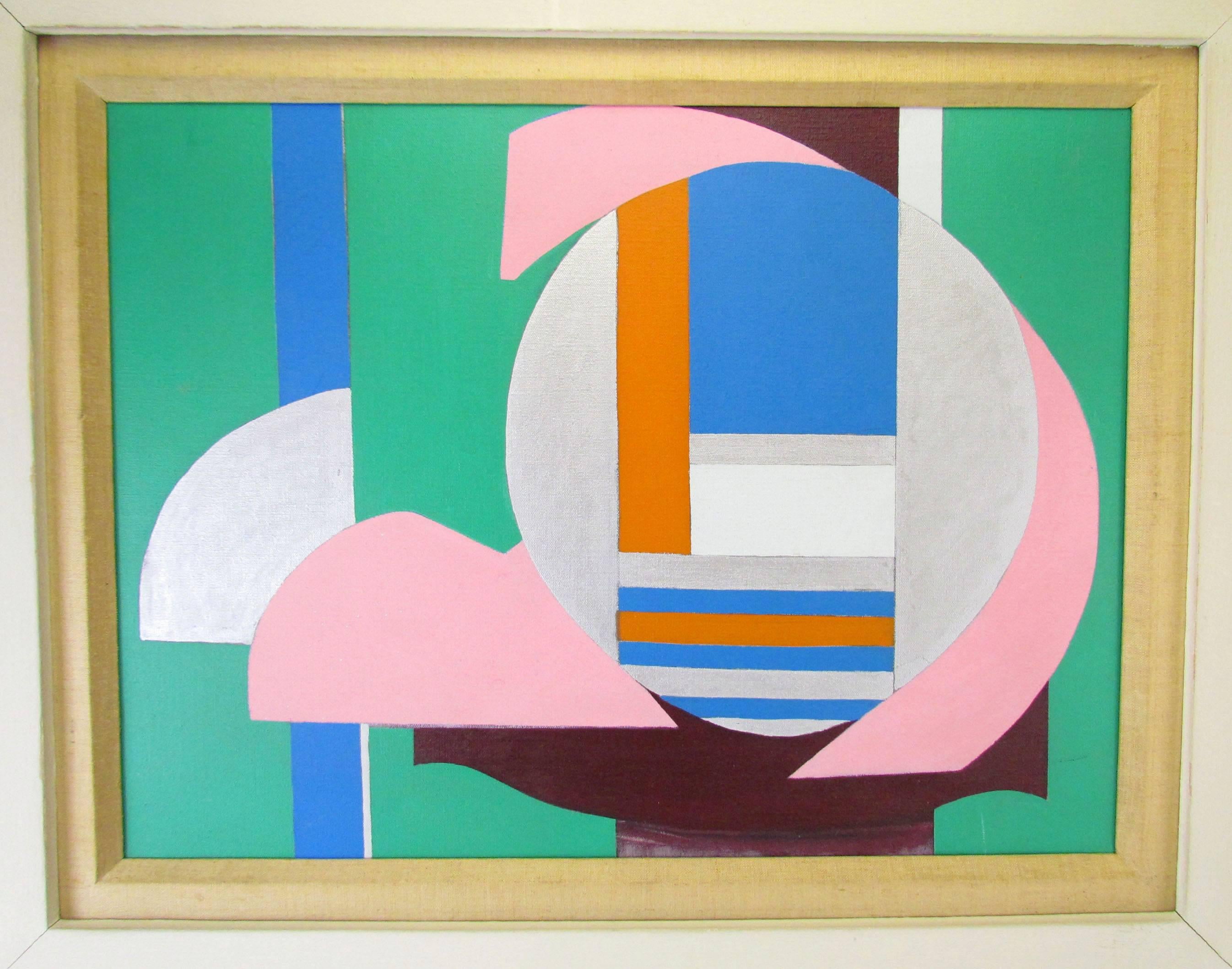 Early modernist oil on canvas by well-regarded New York abstract artist Henrietta Liebowitz, who later in career changed her name to Hedy O'Beil.  Titled 