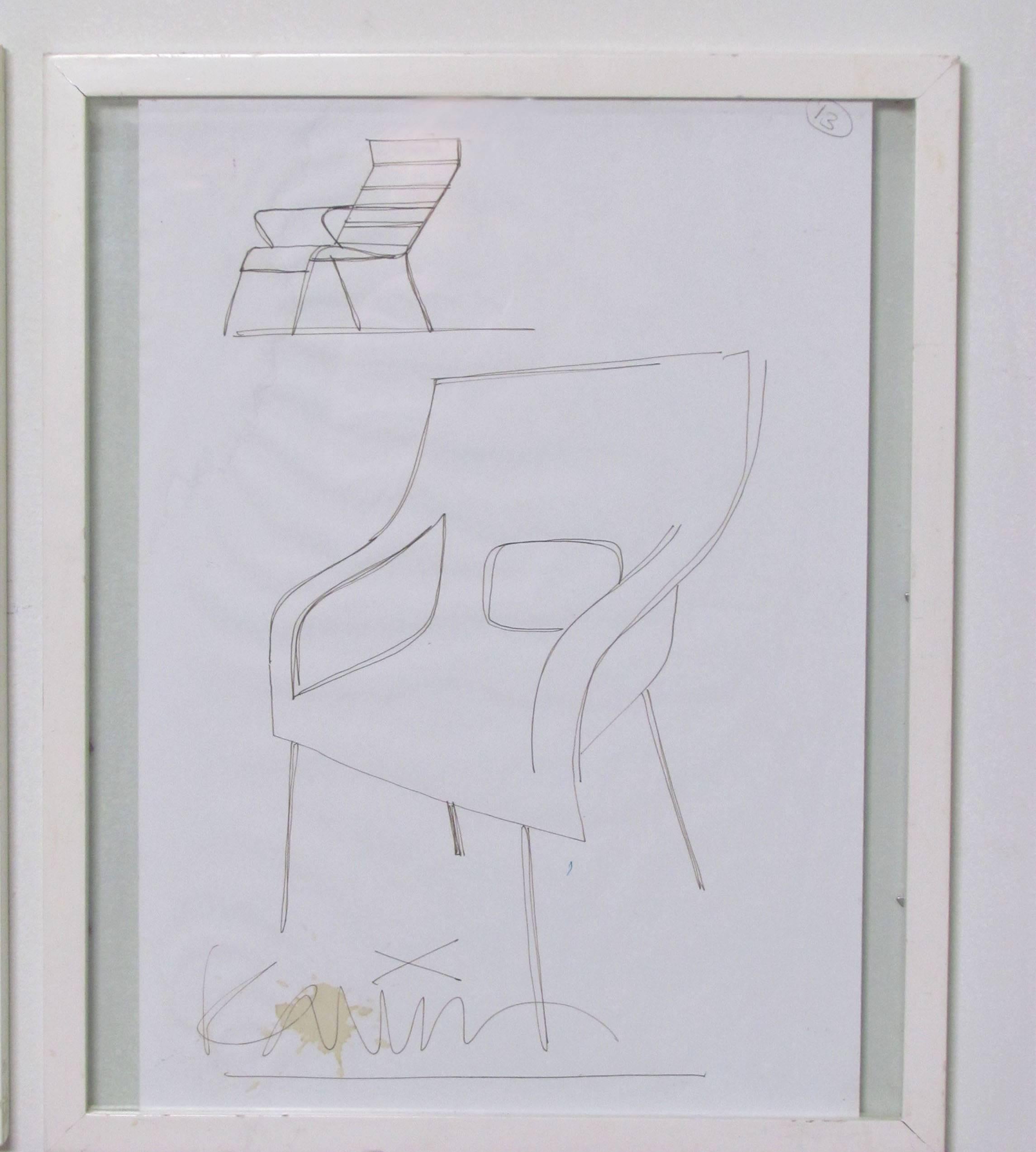 Set of three original prototype design pencil sketches by Karim Rashid, circa early 2000s. One bears Mr. Rashid's coffee stain. All three framed in simple two sided glass enclosed shadow boxes.