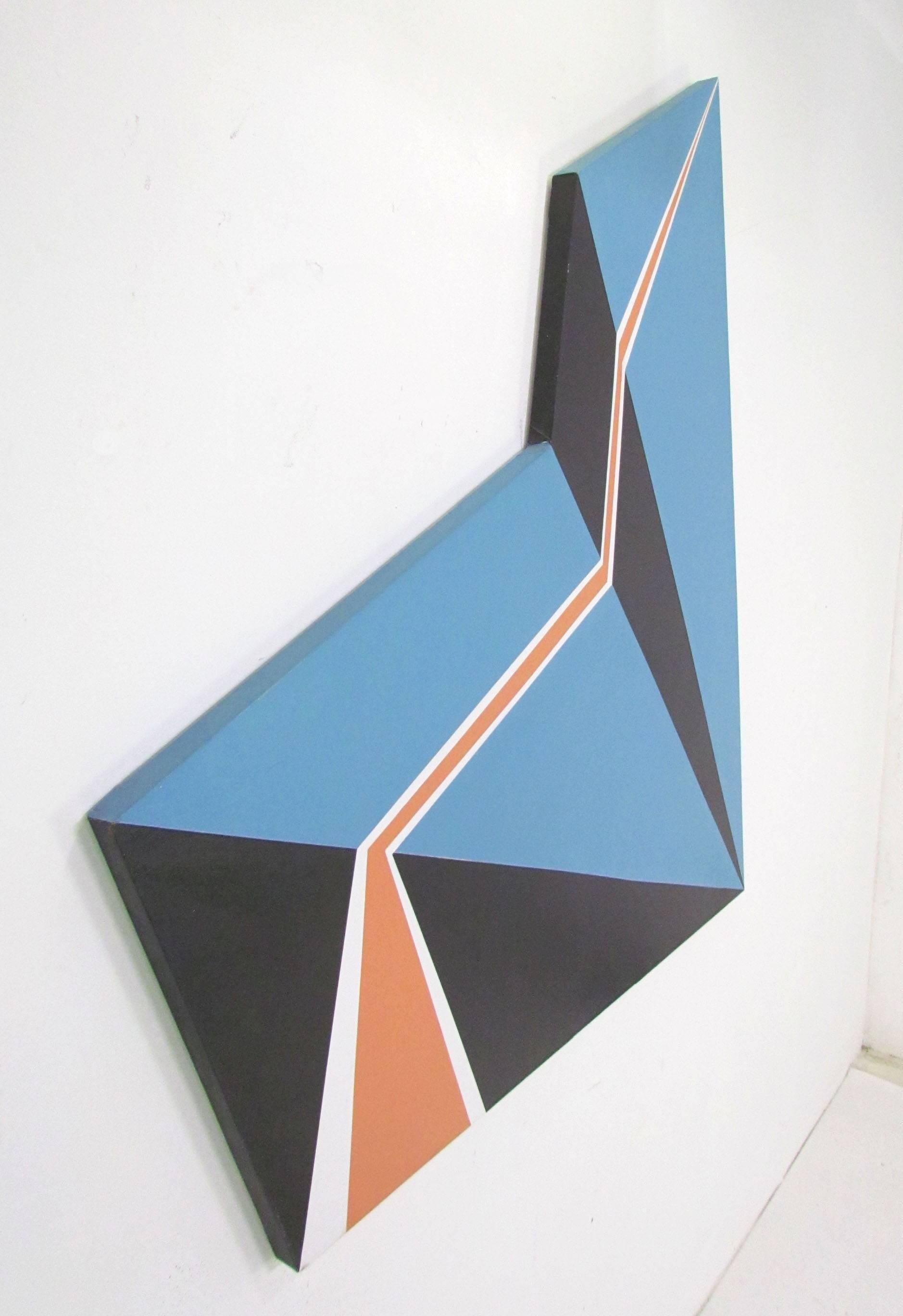 Hard-edge painting by Florida based artist Mimi Chan, circa 1980s. Striking geometric abstract on a built canvas in the manner of Frank Stella.