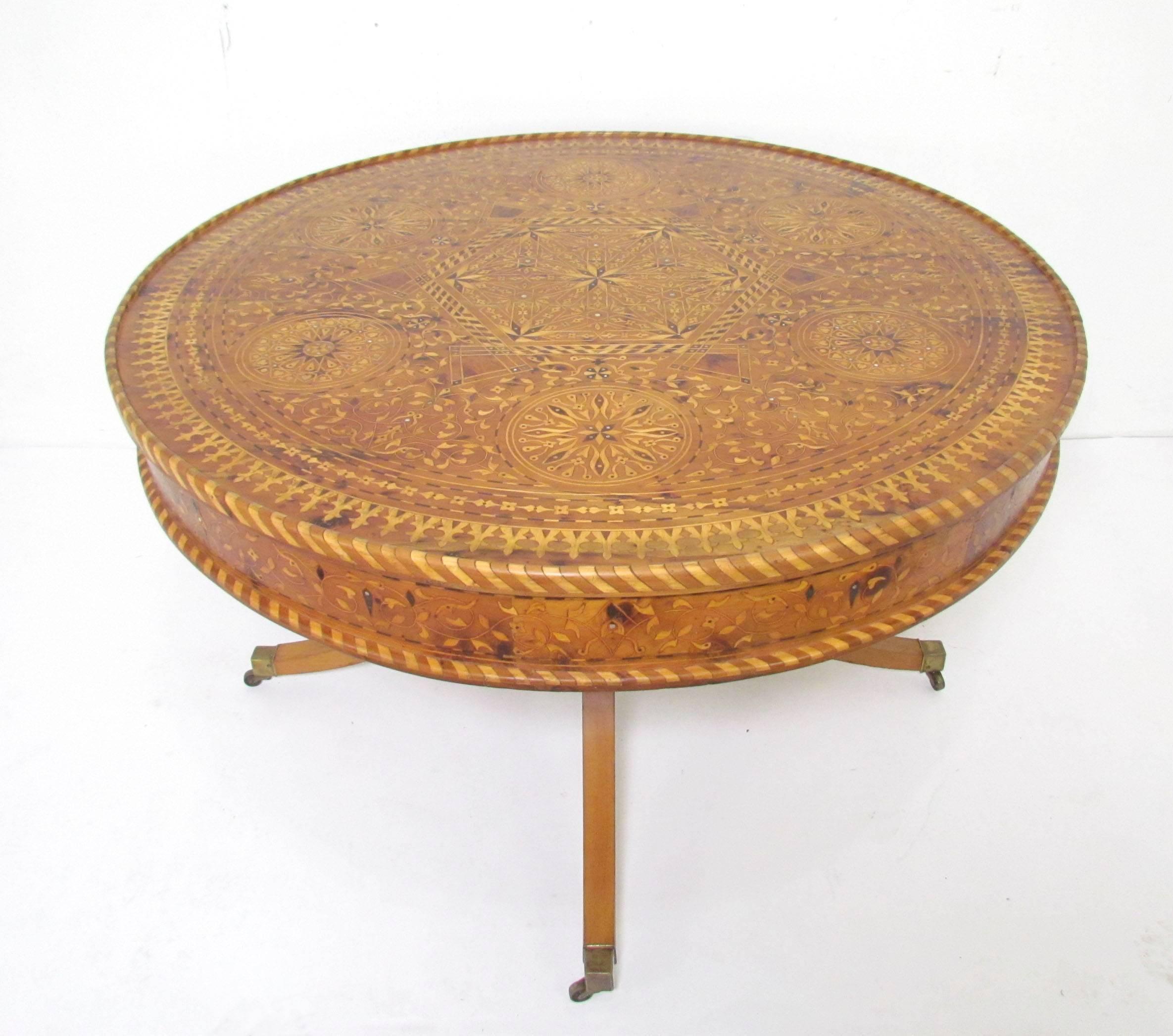 A dazzling masterwork of marquetry, this table displays the influence of the geometric Persian style that was particularly prized by Venetian traders for centuries. This large example probably served as a gaming table but would make an excellent