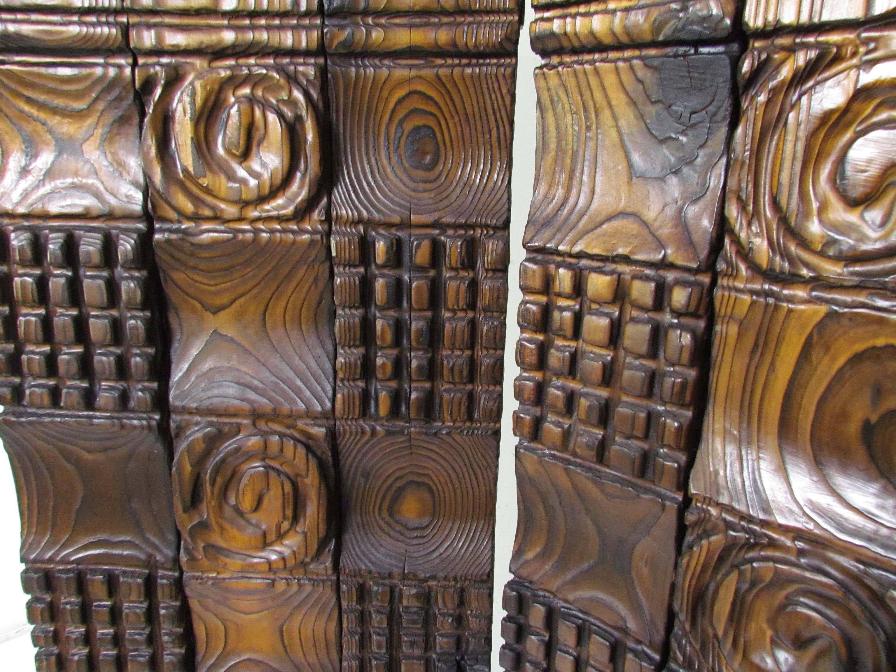Brutalist Witco Tiki Carved Wood Three-Panel Screen or Room Divider, circa 1960s