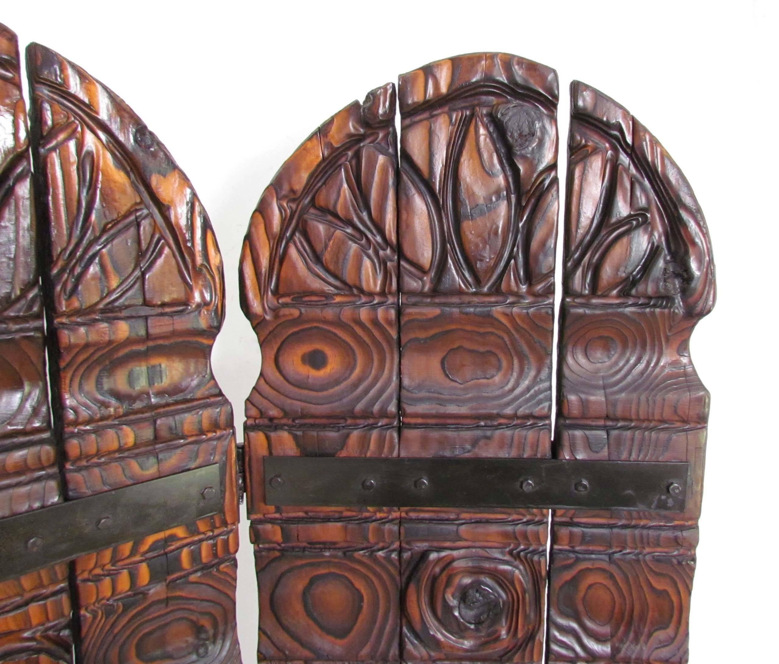 Hand-Carved Witco Tiki Carved Wood Three-Panel Screen or Room Divider, circa 1960s