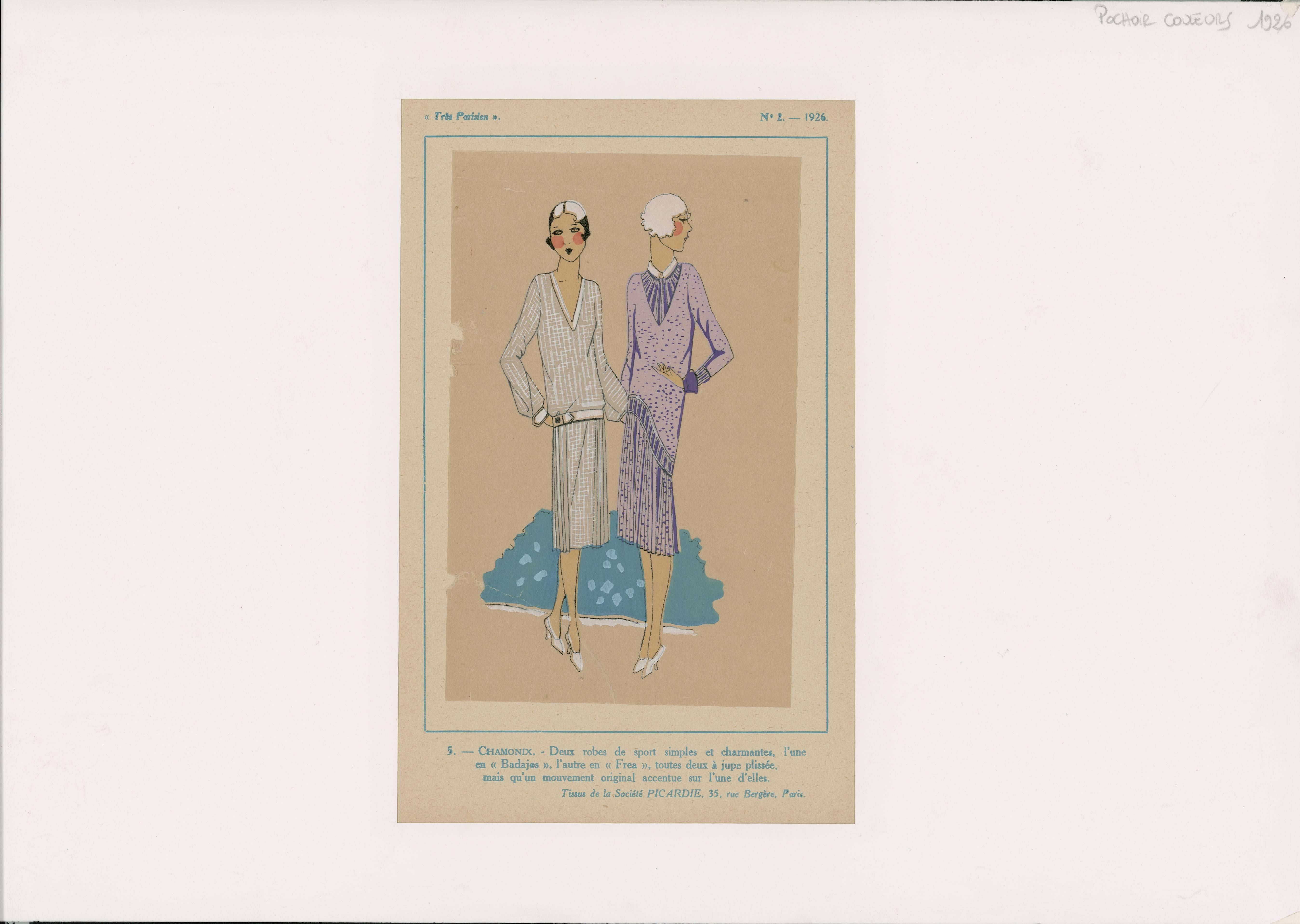 French color stencil fashion plates. Mounted to heavy board. Dated 1926. Drawn on paper. Possibly used for as selling tool in Parisian shops. They show signs of wear and are ready for framing.

Not available for sale or to ship in the state of