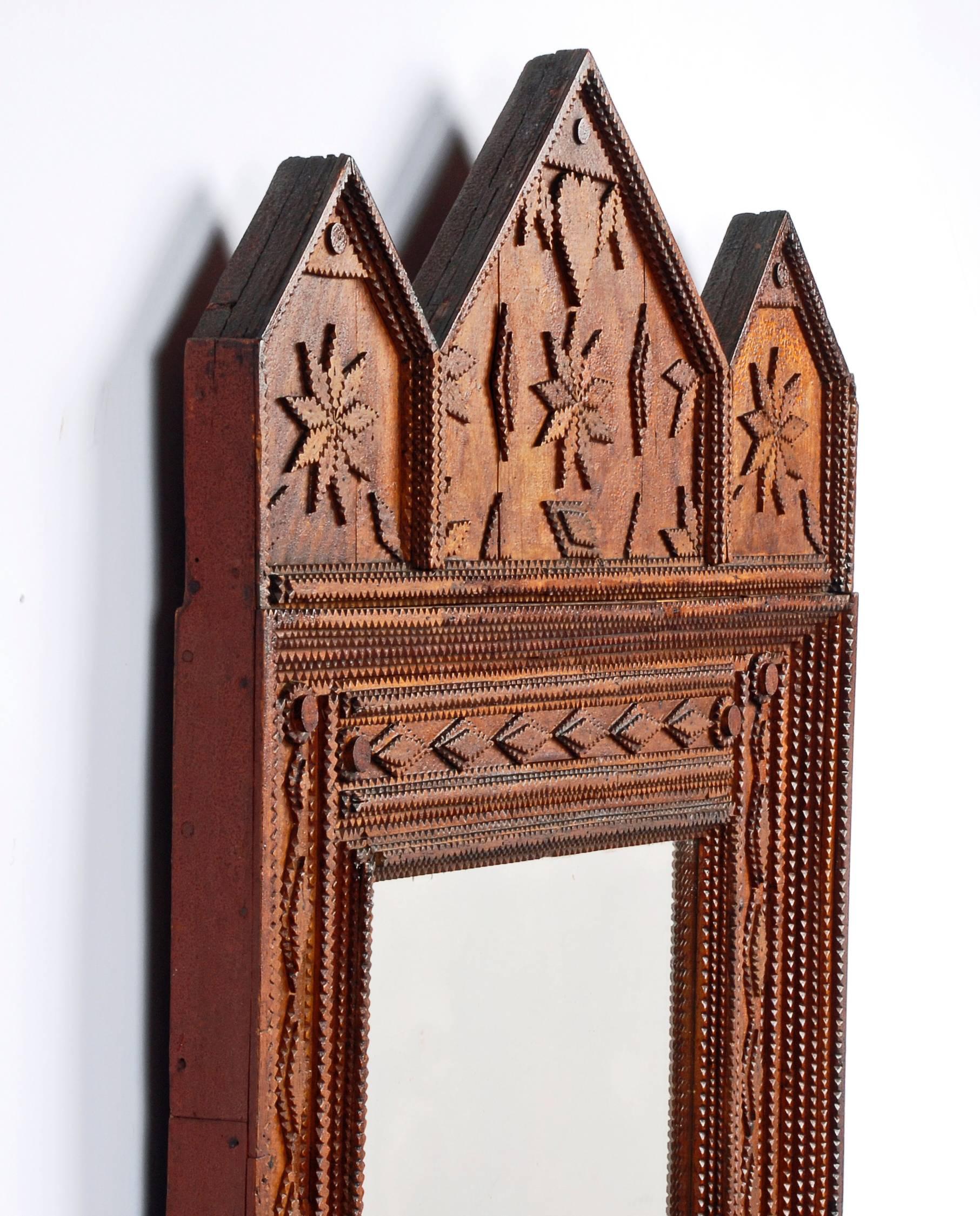 Late 19th Century Large Tramp Art Mirror with Hearts and Snowflakes For Sale