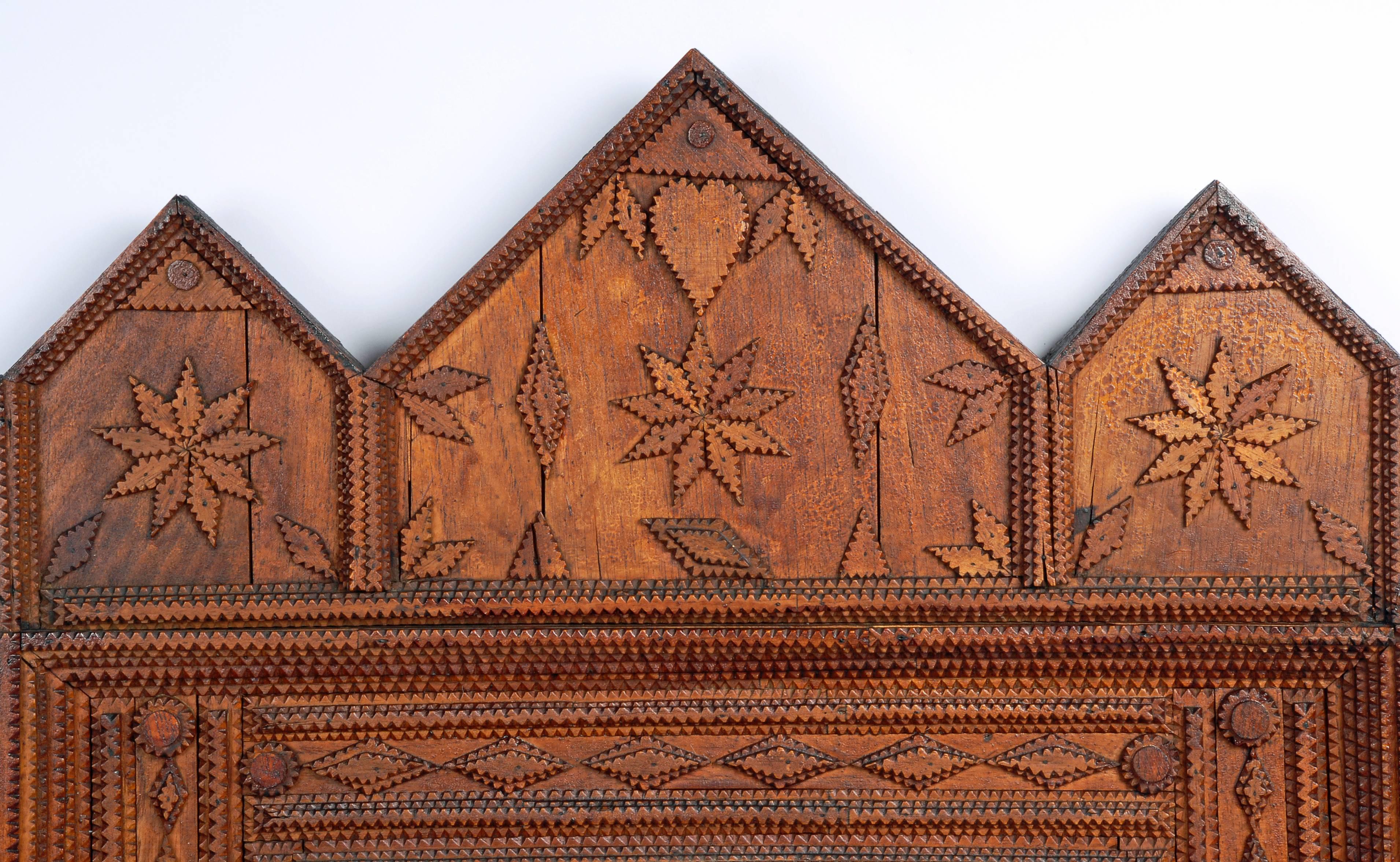Hand-Carved Large Tramp Art Mirror with Hearts and Snowflakes For Sale