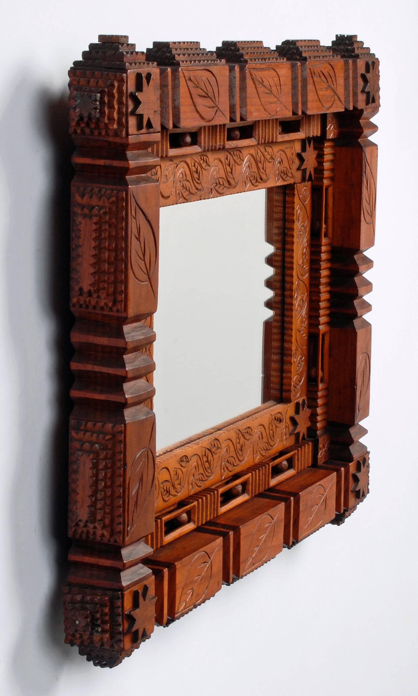 Hand-Carved Whimsy Tramp Art Mirror For Sale