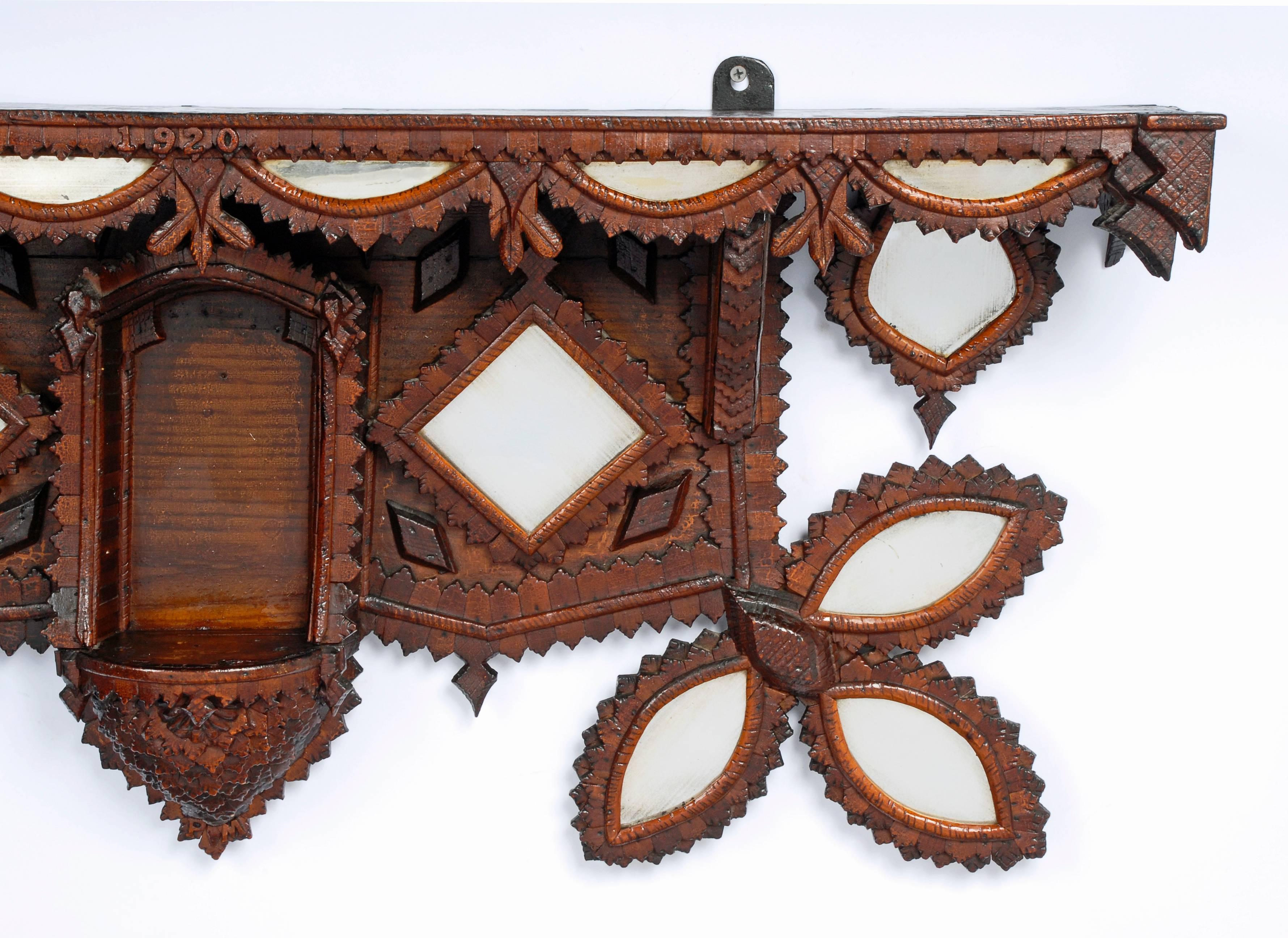 Superb Tramp Art Shelf with Inset Mirrors, 1920 In Excellent Condition For Sale In Manalapan, NJ