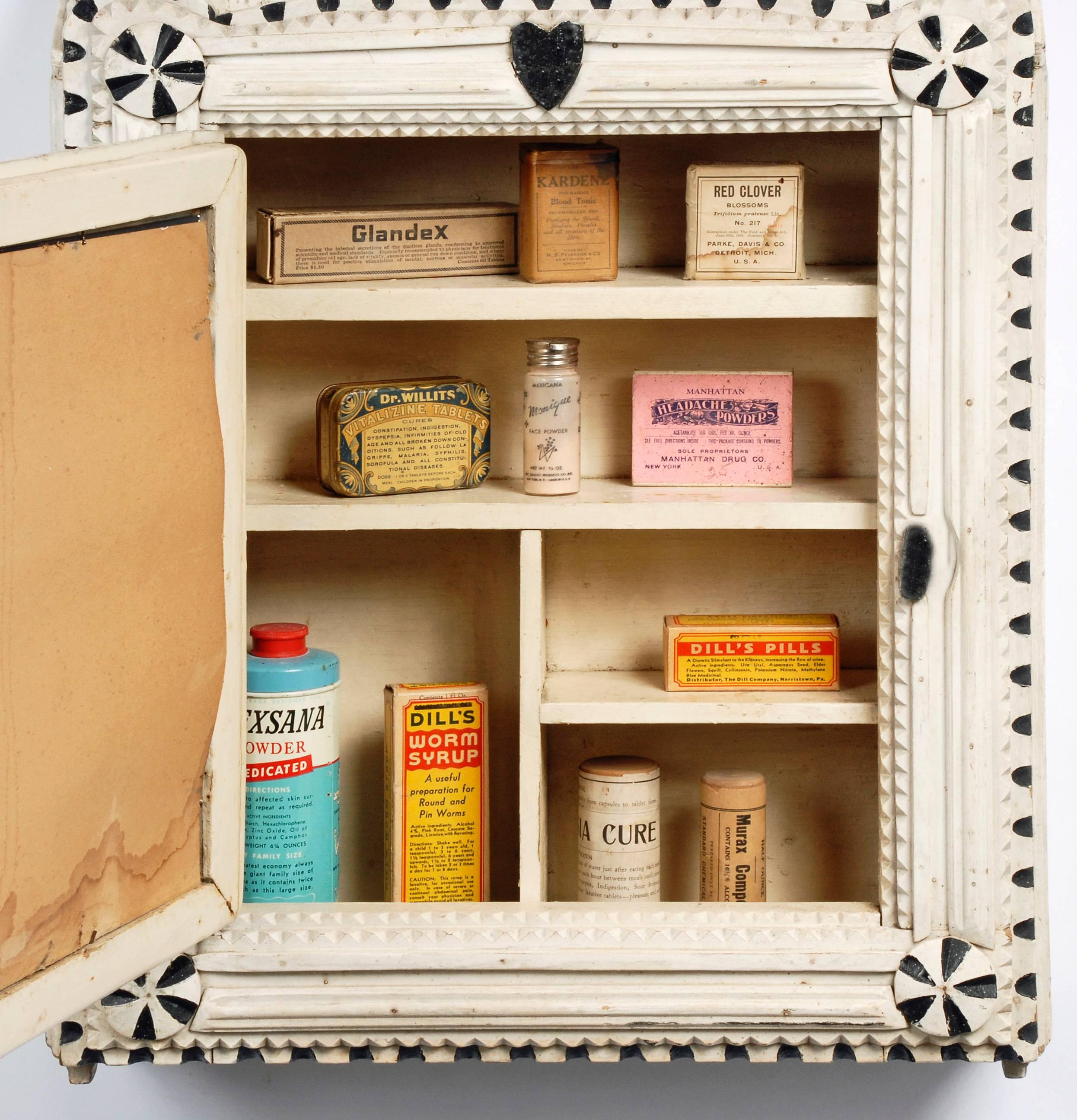 American Painted Tramp Art Cabinet with Heart and Tree For Sale