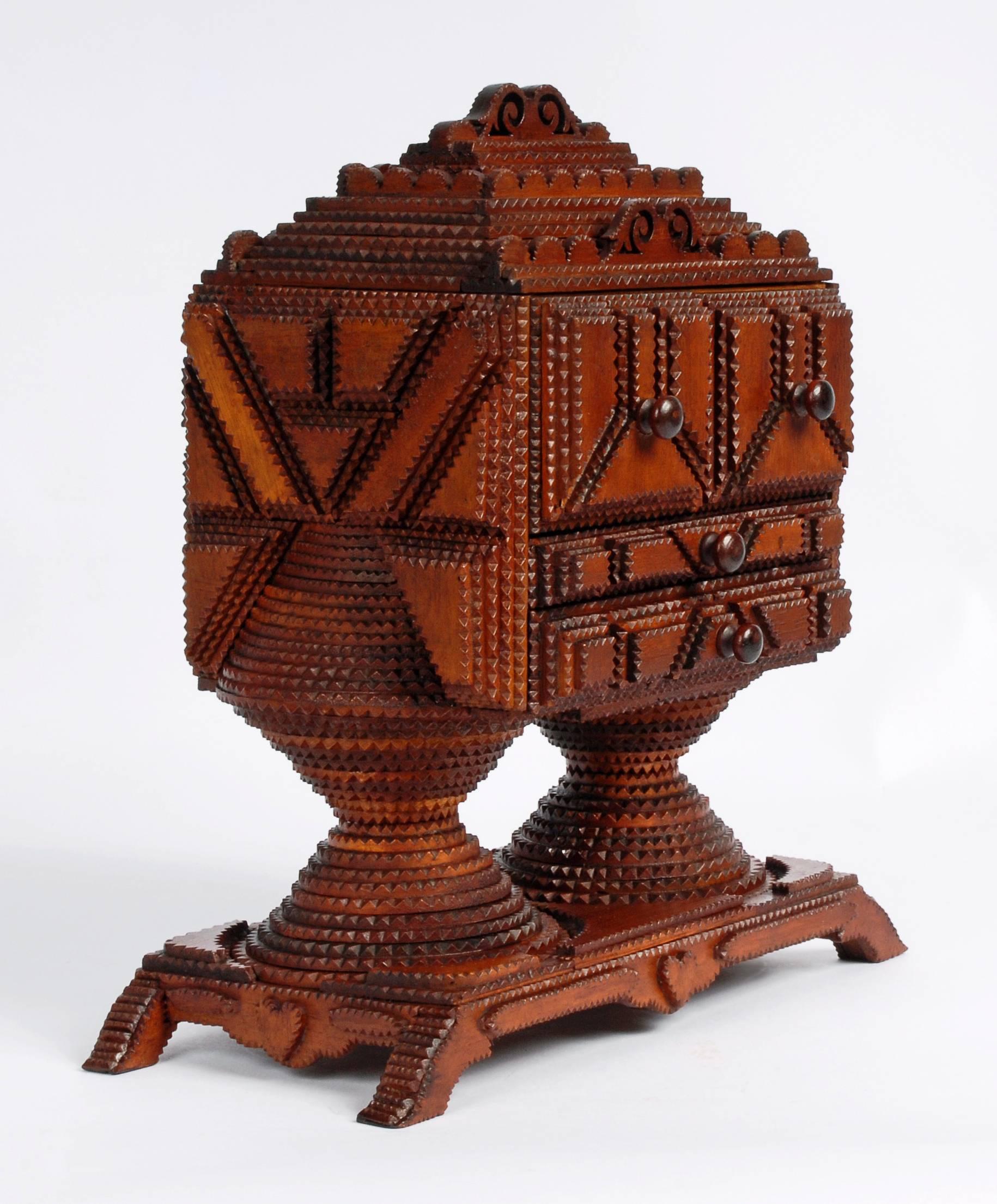 Folk Art Superb Tramp Art Conical Base Pedestal Box For Sale