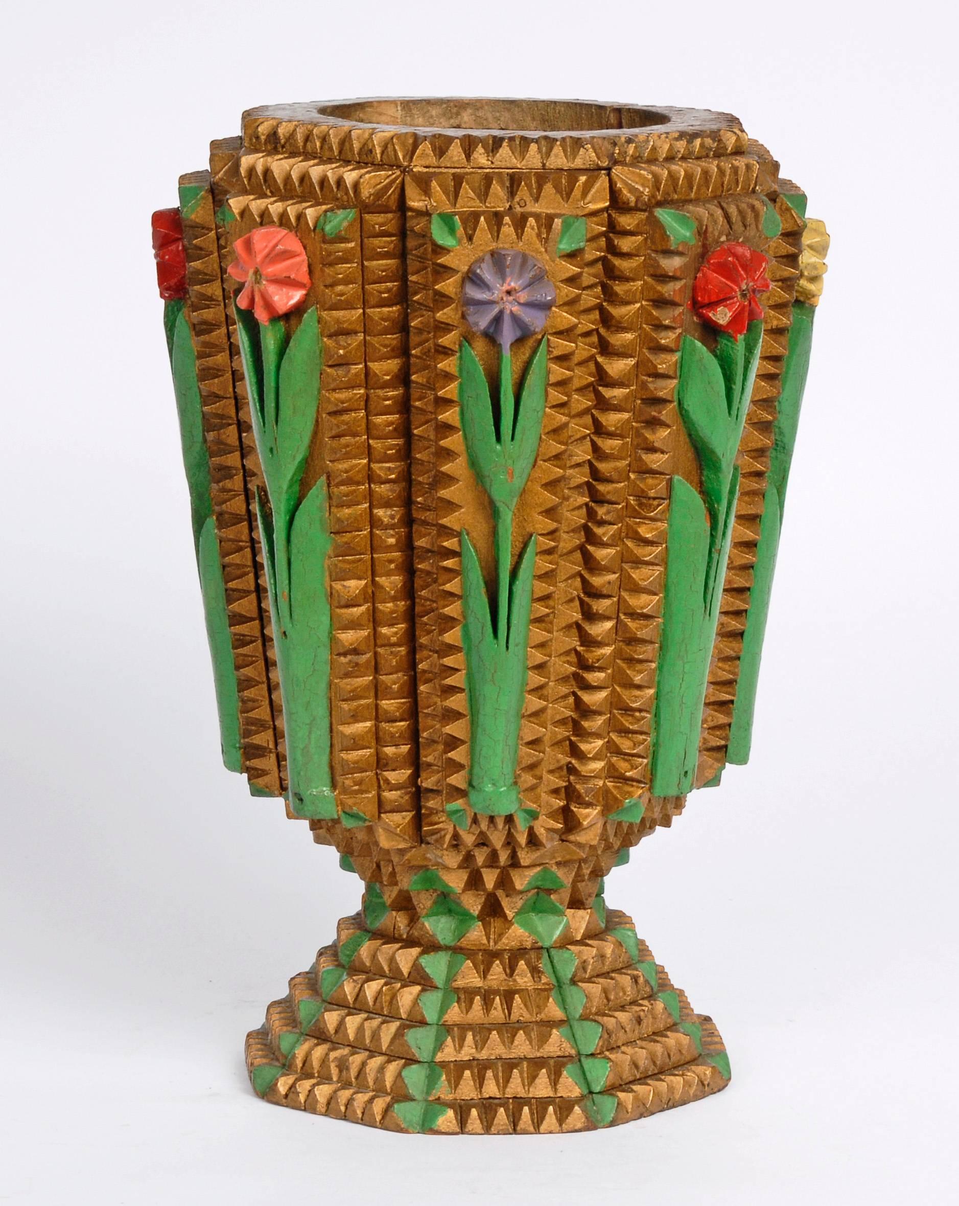 American Painted Tramp Art Vase with Flowers