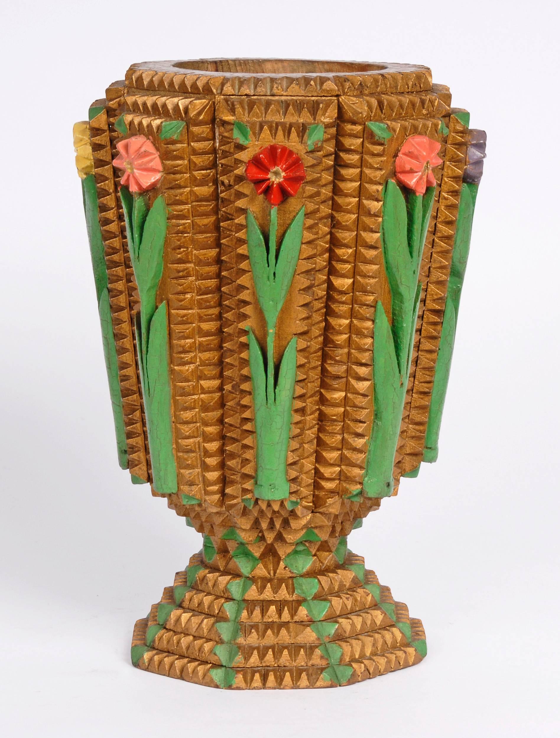 A tramp art vase with painted flower embellishment. Unusual form with a great painted surface.

Bath, Pa
Circa 1930s