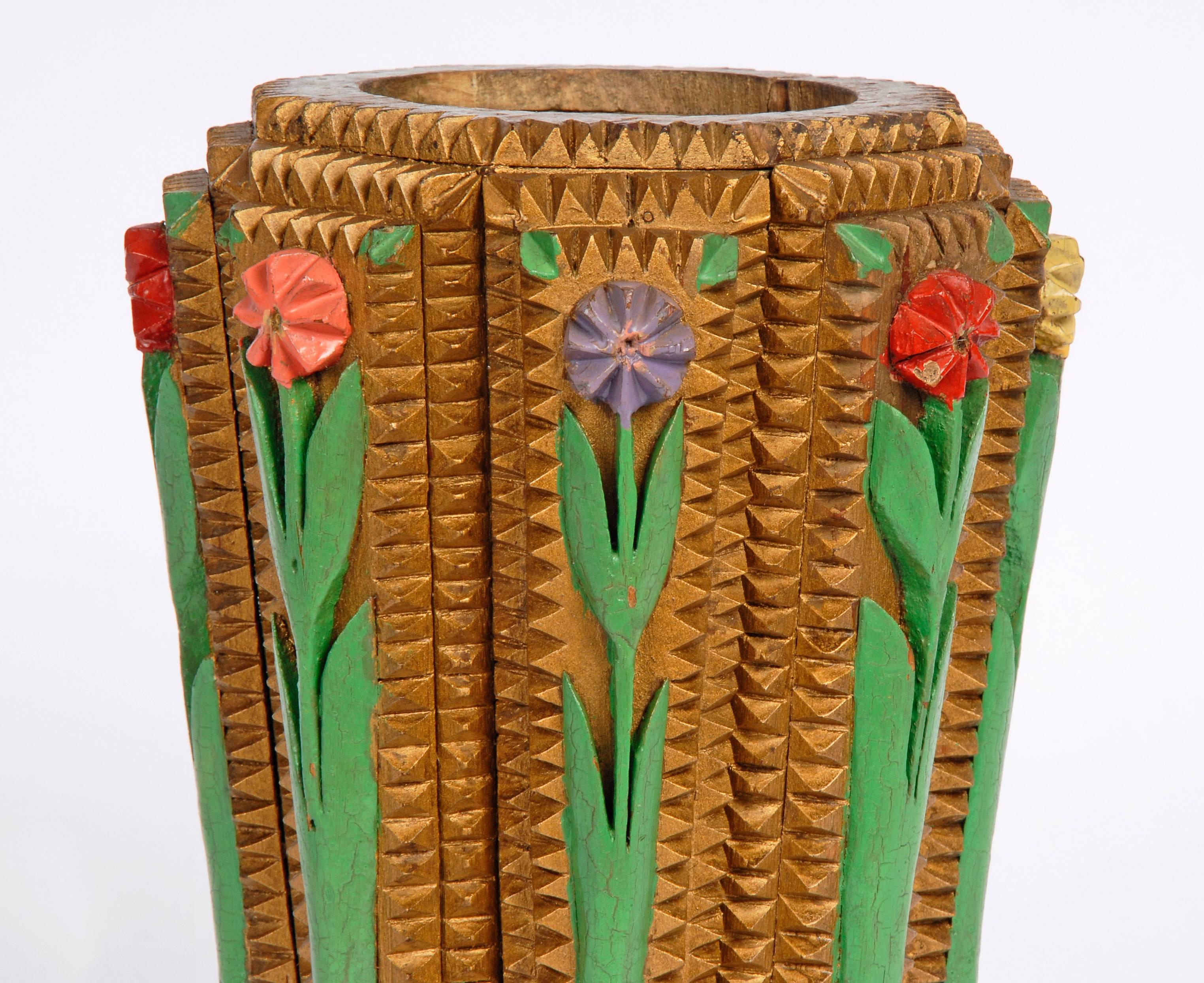 Carved Painted Tramp Art Vase with Flowers
