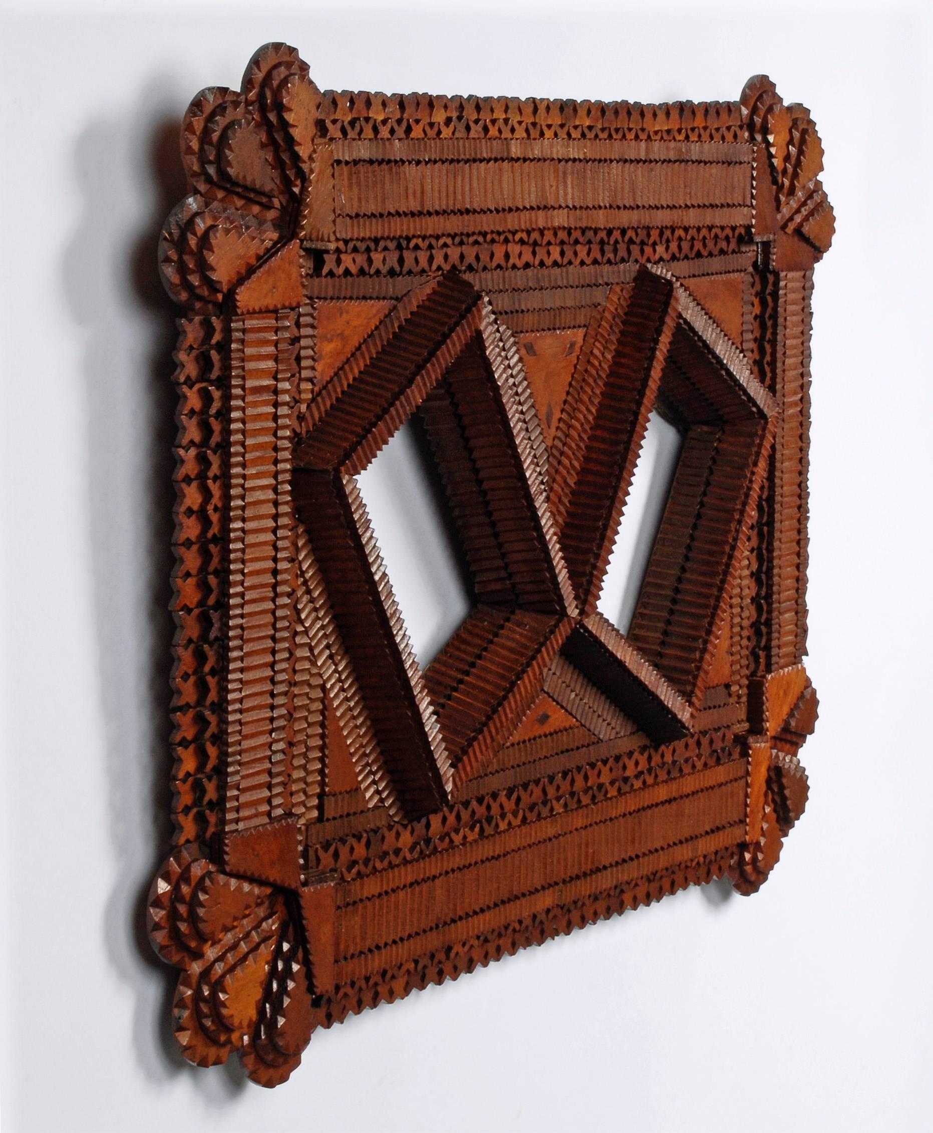 Late 19th Century Tramp Art Double Portrait Frame with Floral Corners