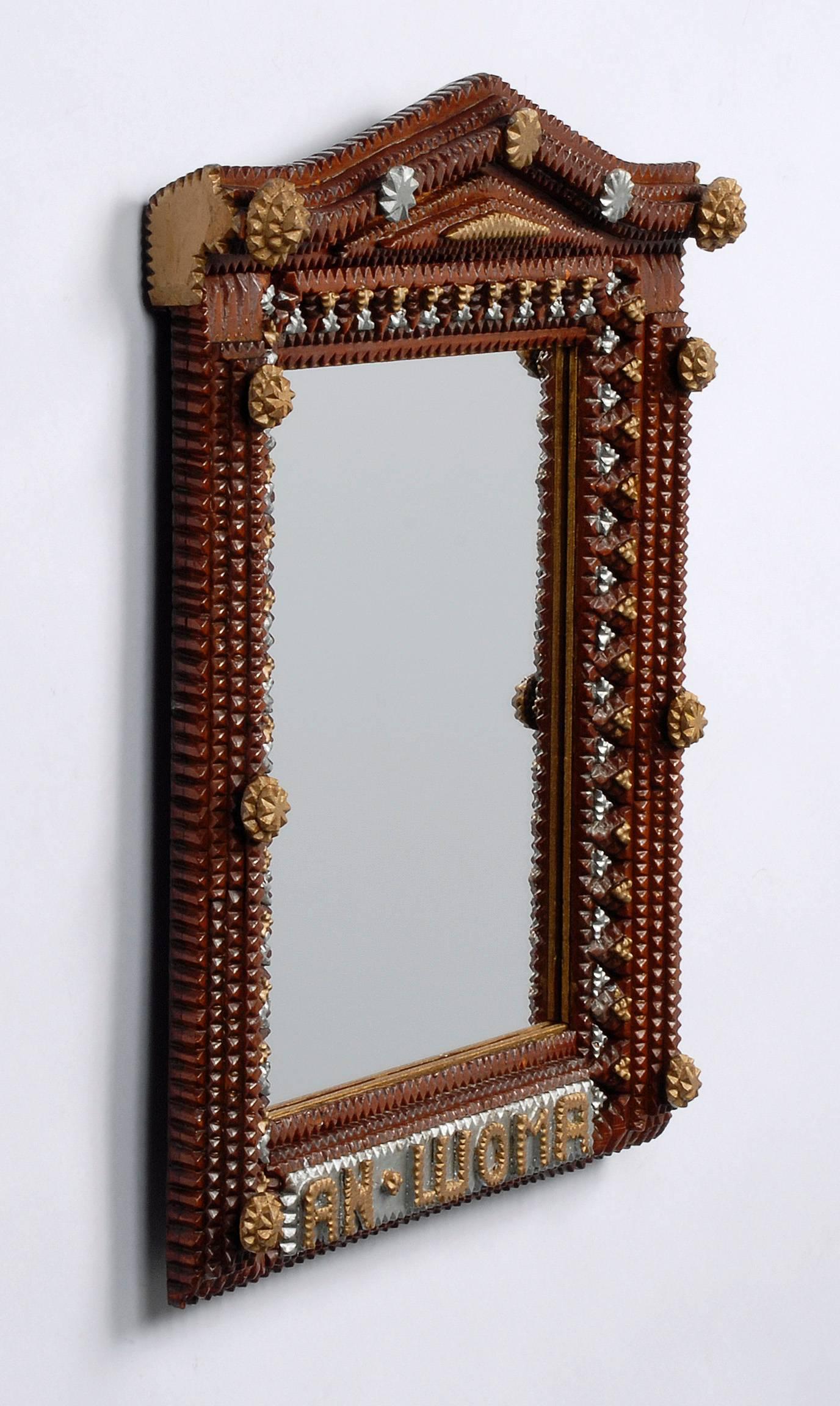 Hand-Carved Arched Top Painted Tramp Art Mirror For Sale