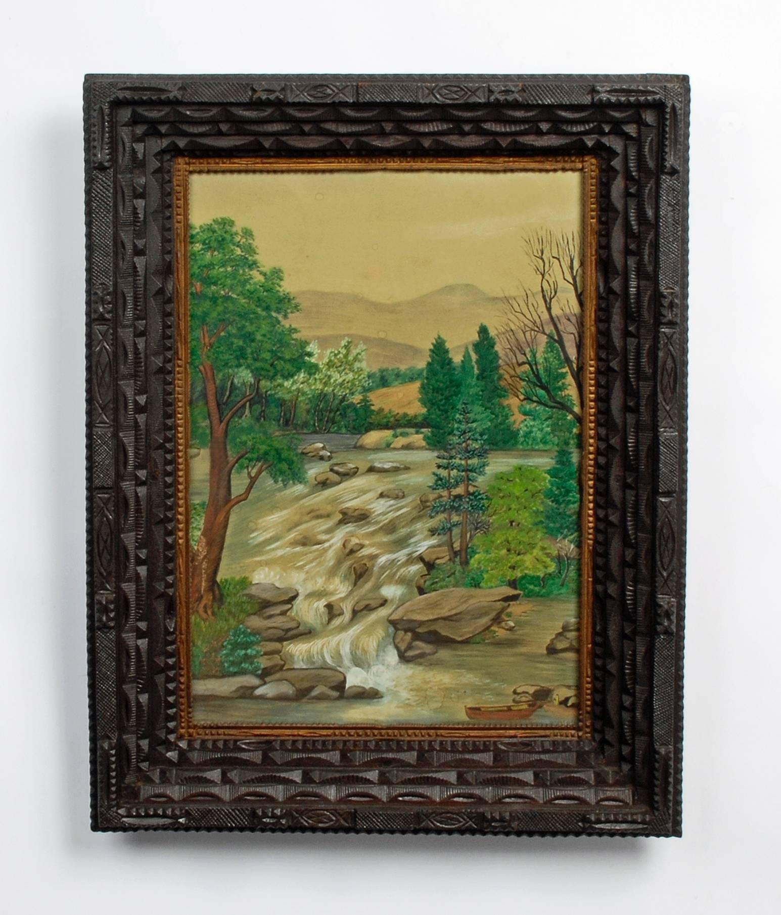 A fine unusually carved complex Tramp Art frame with a mounted pastel landscape drawing. The Tramp Art frame is bold with thick layers and has a painted surface. The drawing shows a waterfall with a small row boat in a bucolic setting, 

Circa