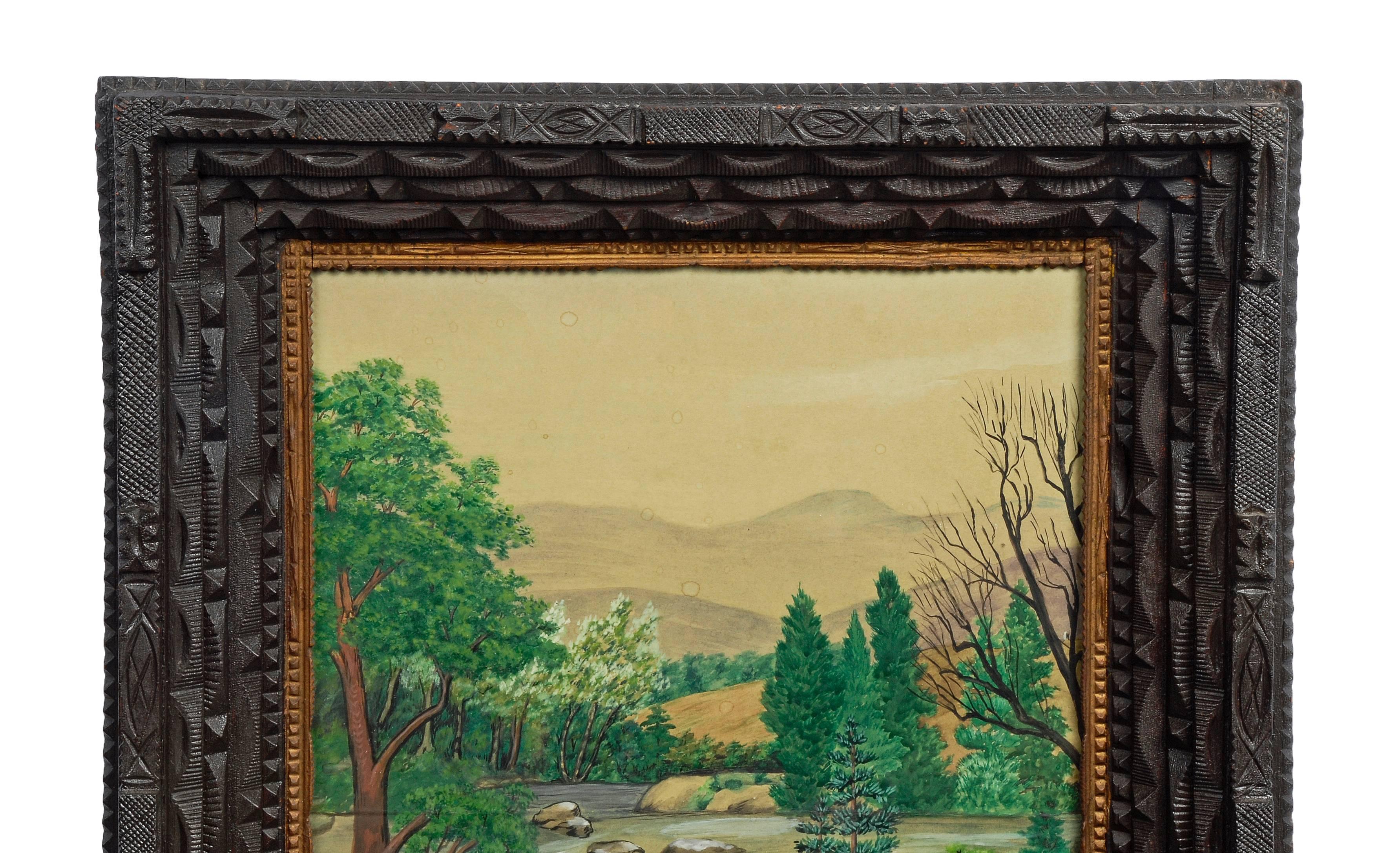 Folk Art Tramp Art Frame with Landscape Drawing For Sale