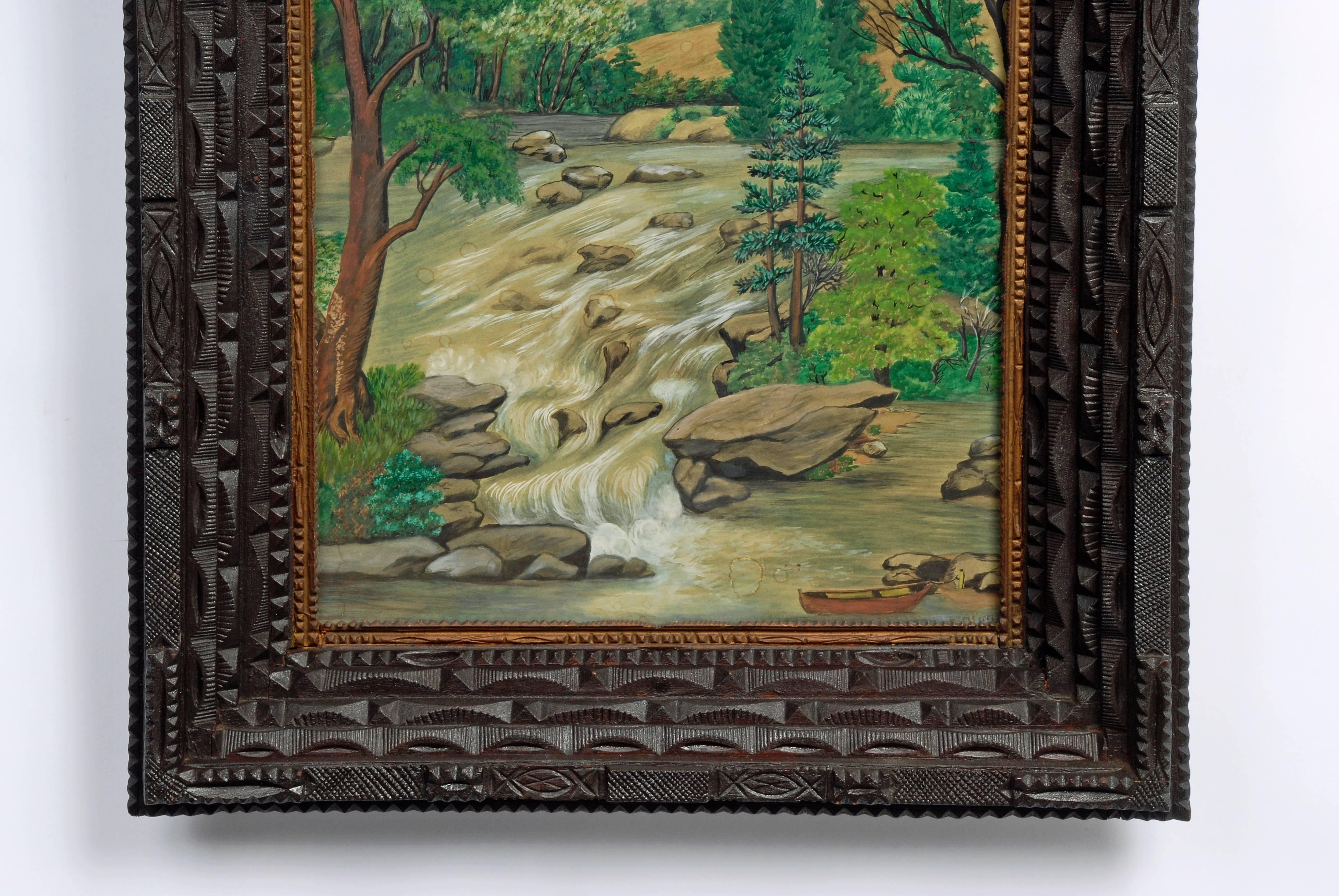 American Tramp Art Frame with Landscape Drawing For Sale
