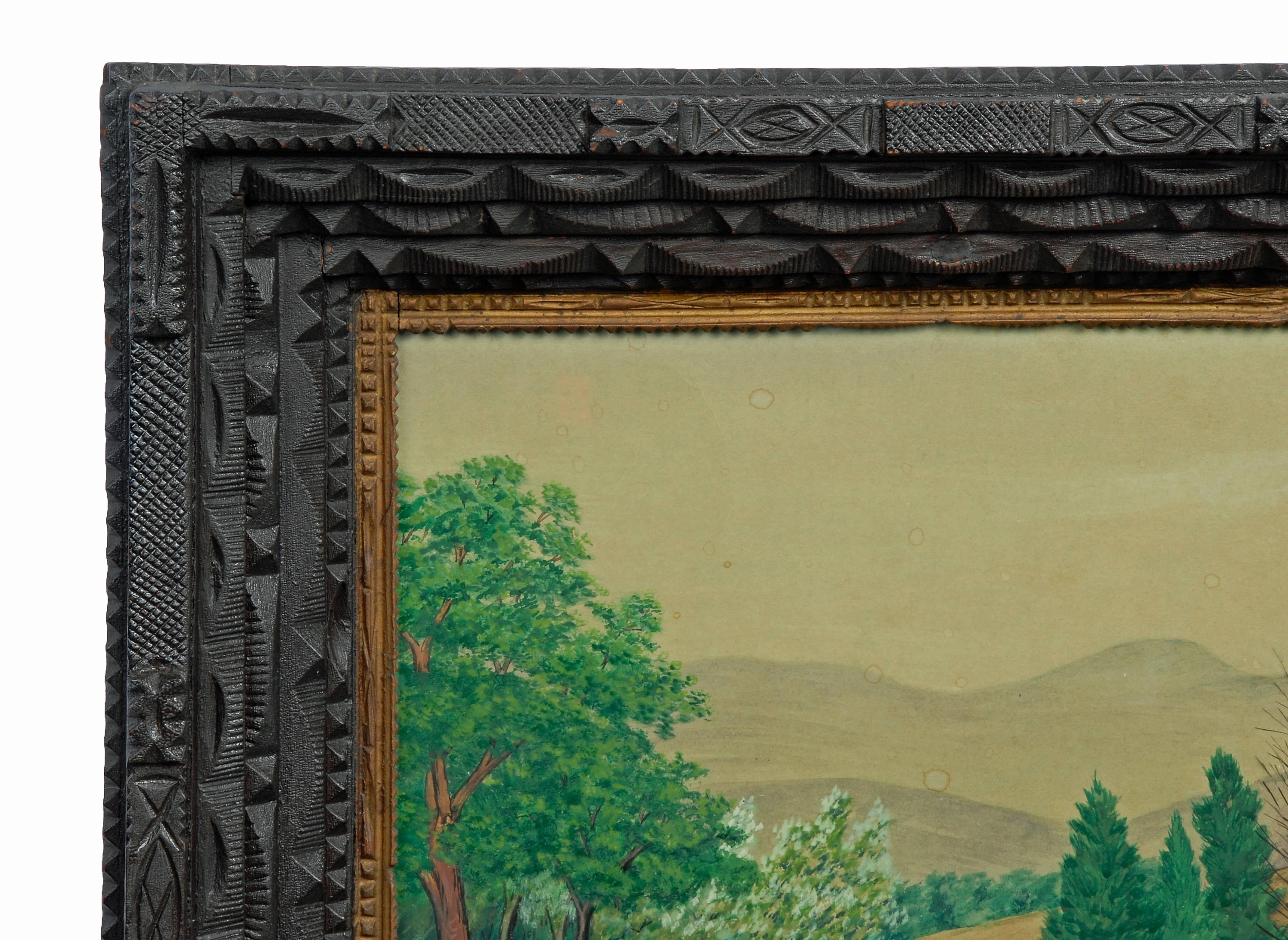 Tramp Art Frame with Landscape Drawing In Excellent Condition For Sale In Manalapan, NJ