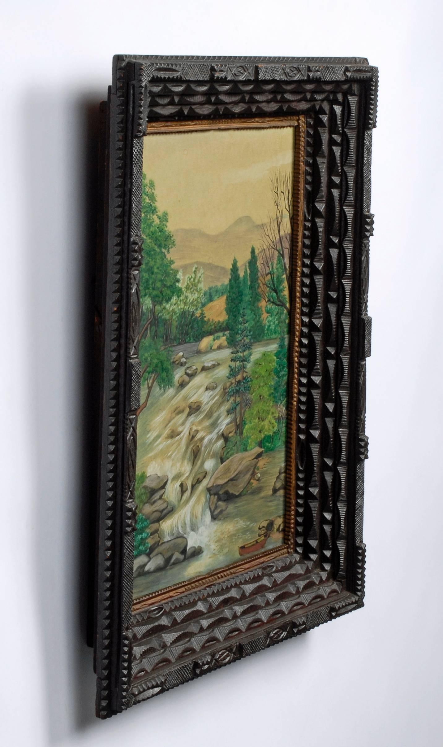 Tramp Art Frame with Landscape Drawing For Sale 1