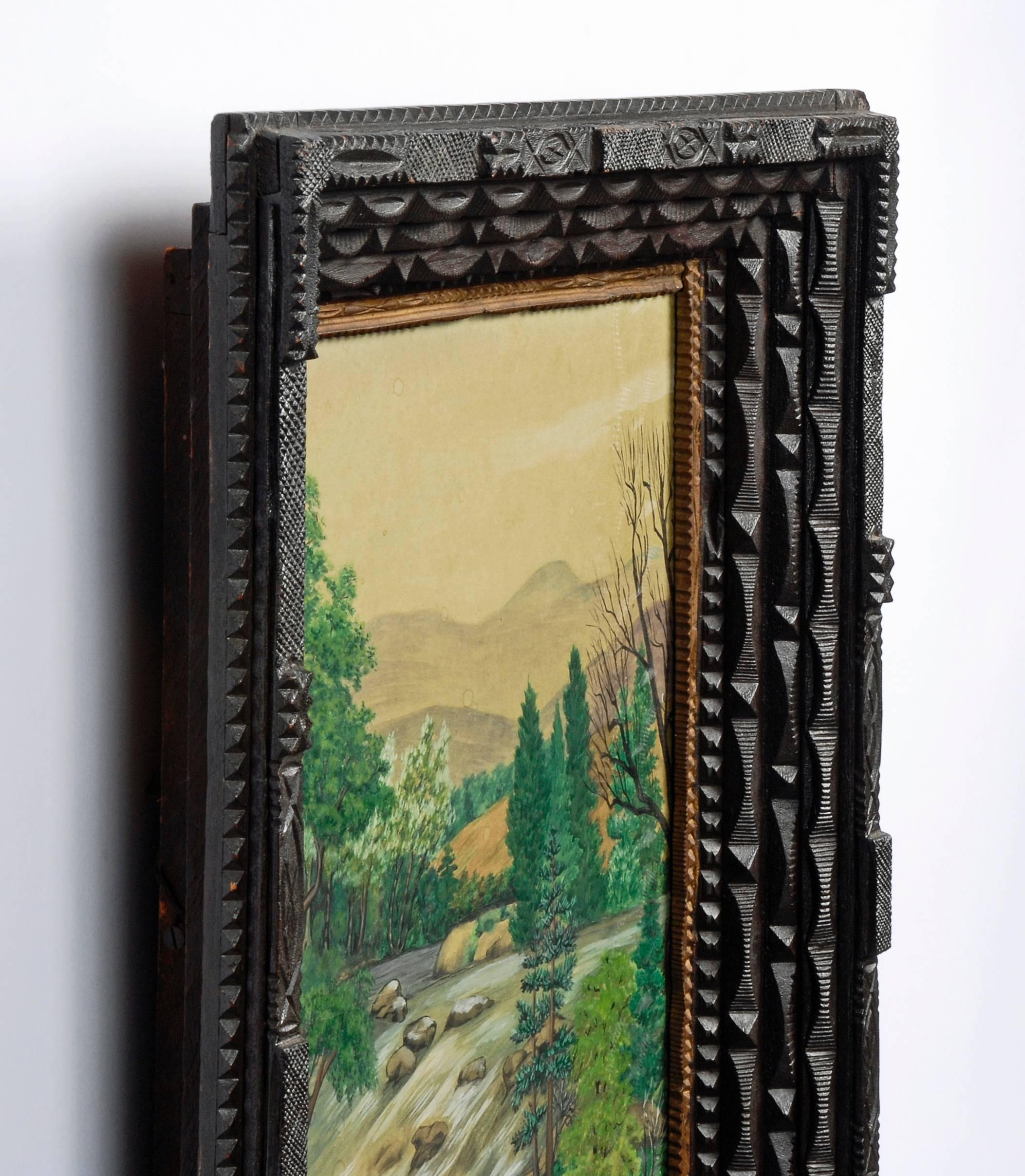 Late 19th Century Tramp Art Frame with Landscape Drawing For Sale
