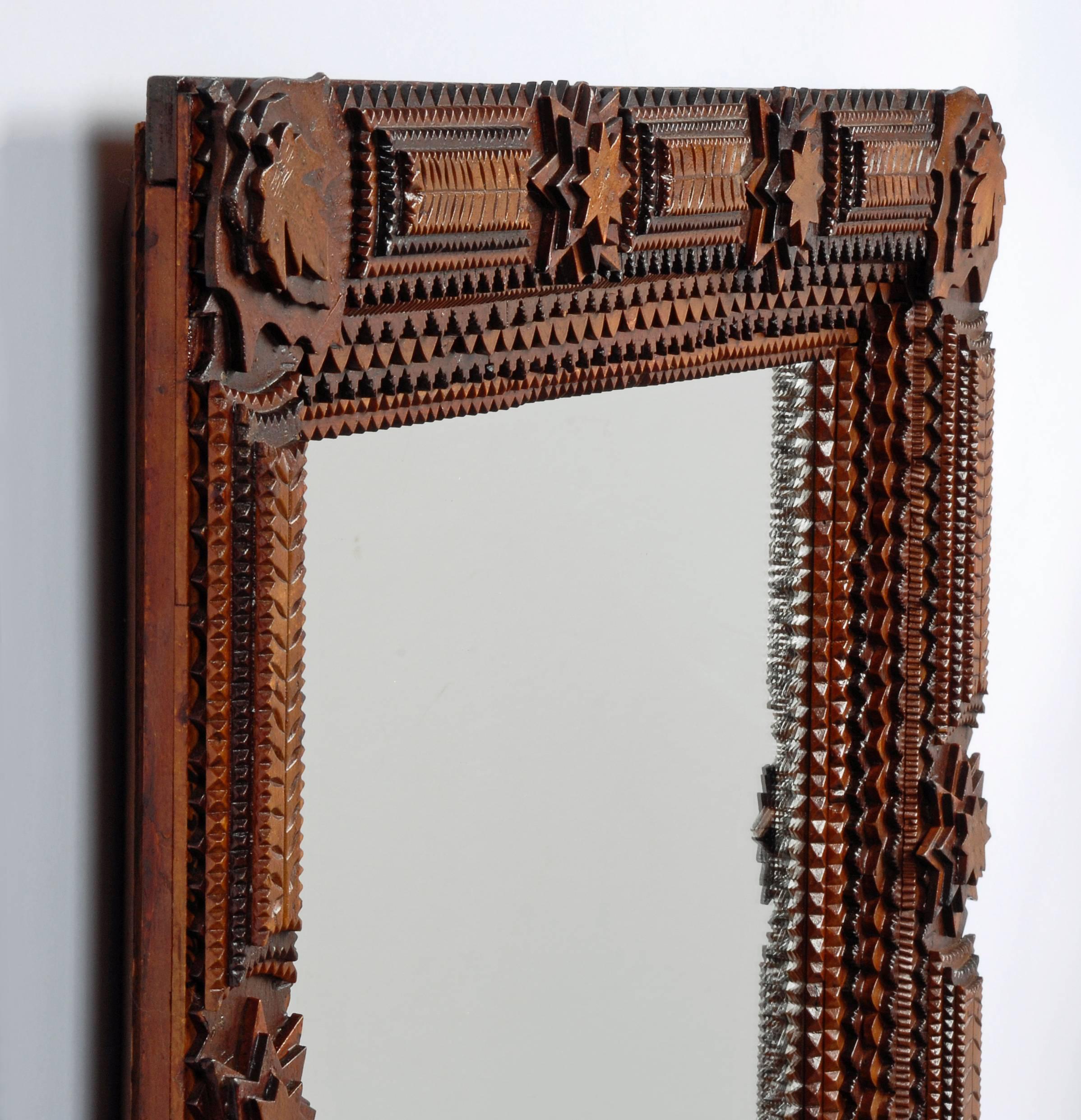 Woodwork Impressive Complex Tramp Art Mirror with Stars For Sale