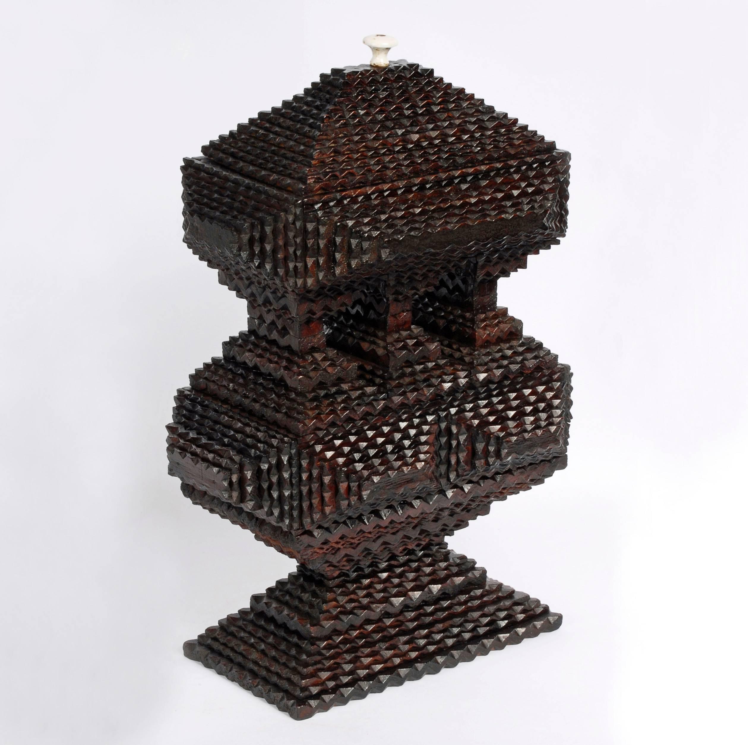American Impressive Deeply Layered Tramp Art Pyramidal Box For Sale