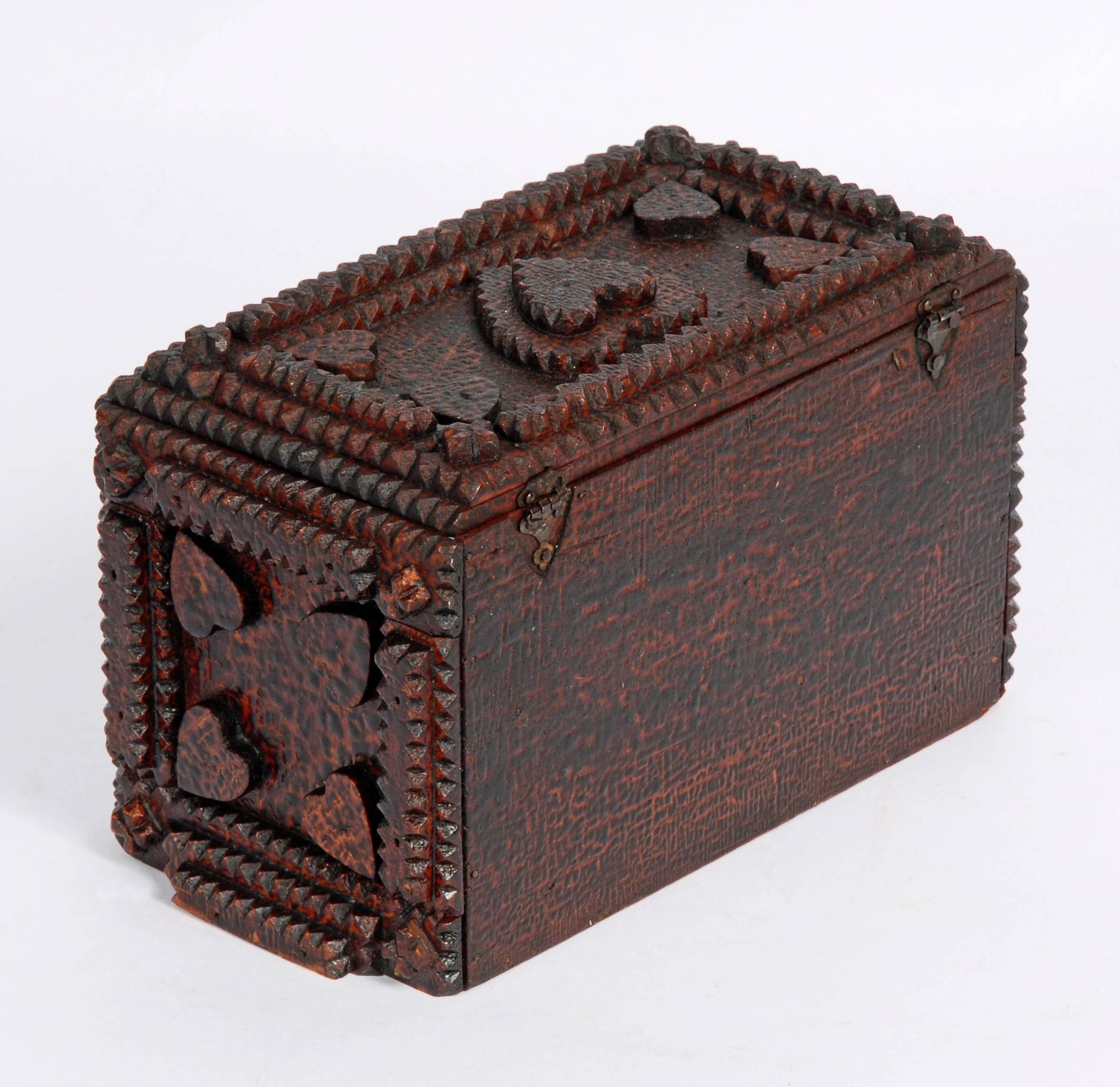 Late 19th Century Love Token Tramp Art Box with Hearts For Sale