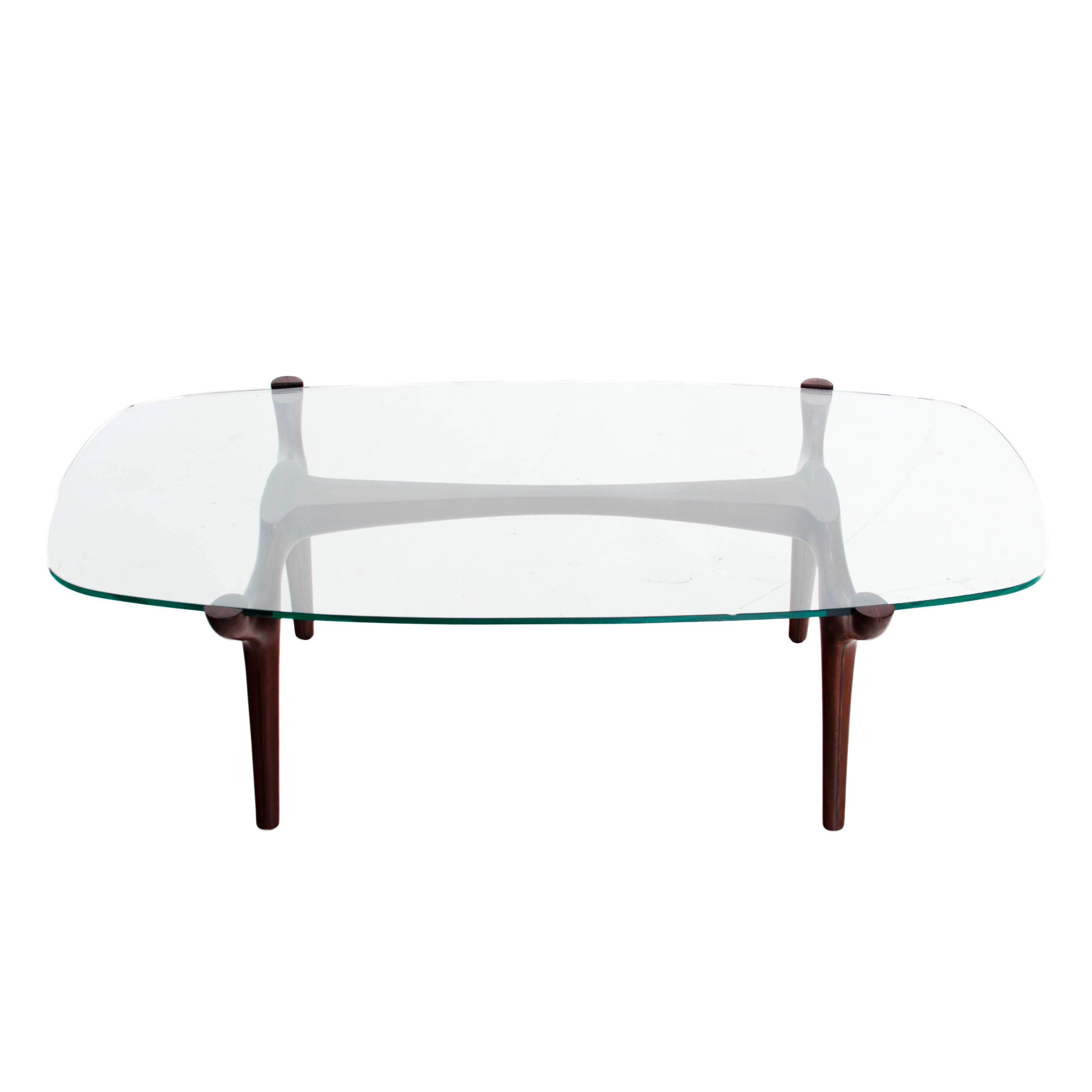 Sculptural coffee table, possibly Bertha Schaefer. In beautiful restored condition with new glass top.