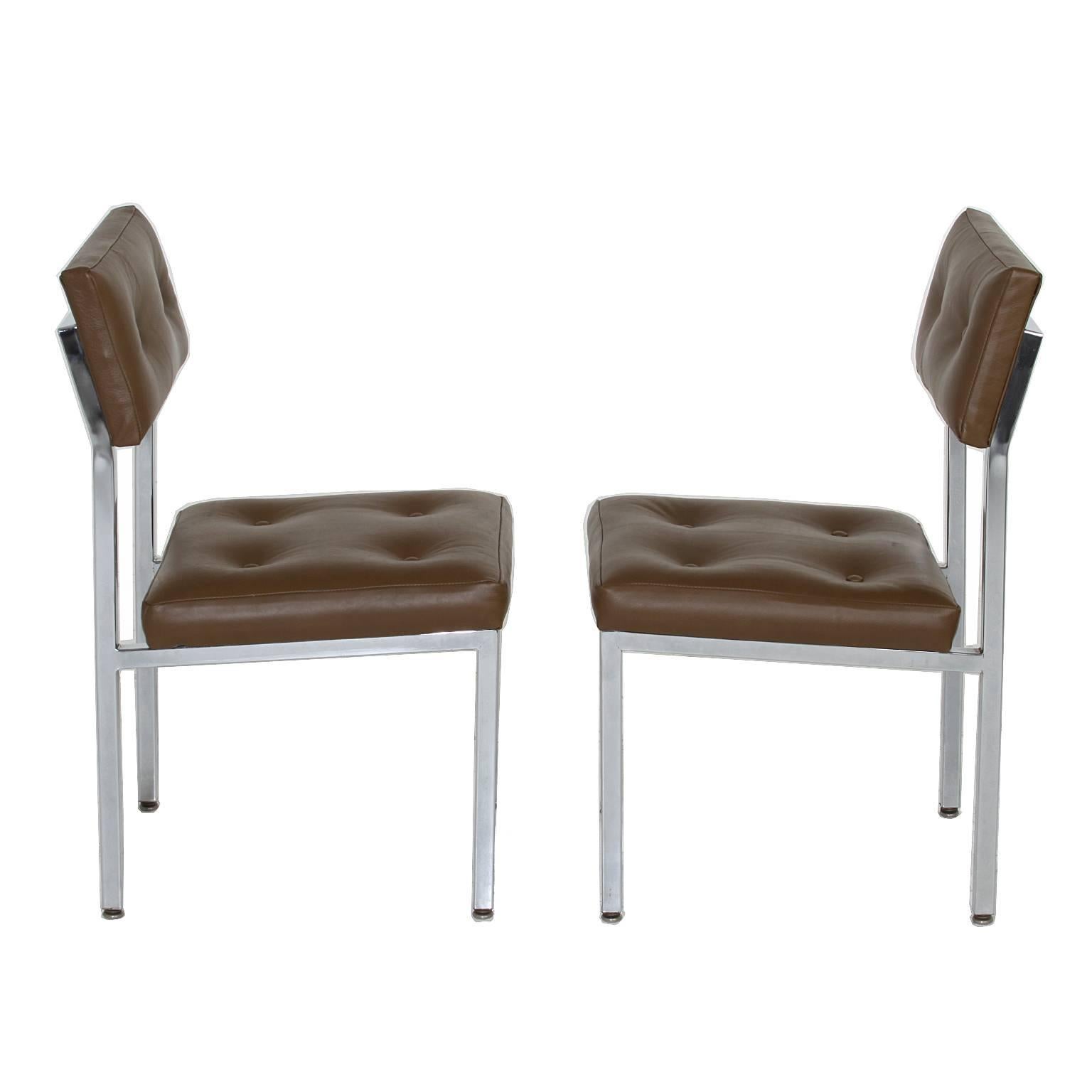 Set of Olive Green Tufted Leather and Chrome Dining Chairs In Good Condition In Hollywood, CA