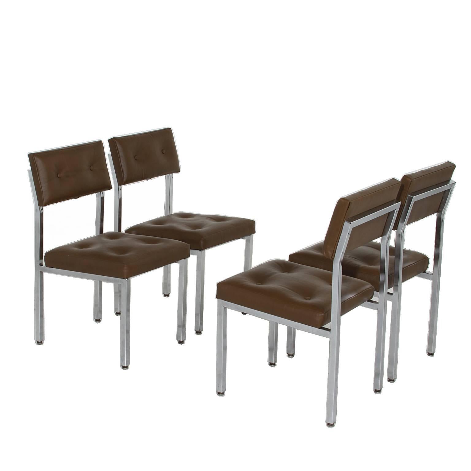 Brazilian Set of Olive Green Tufted Leather and Chrome Dining Chairs