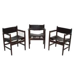 Set of Three Leather Sling Chairs with Brass Buckle Belting Details
