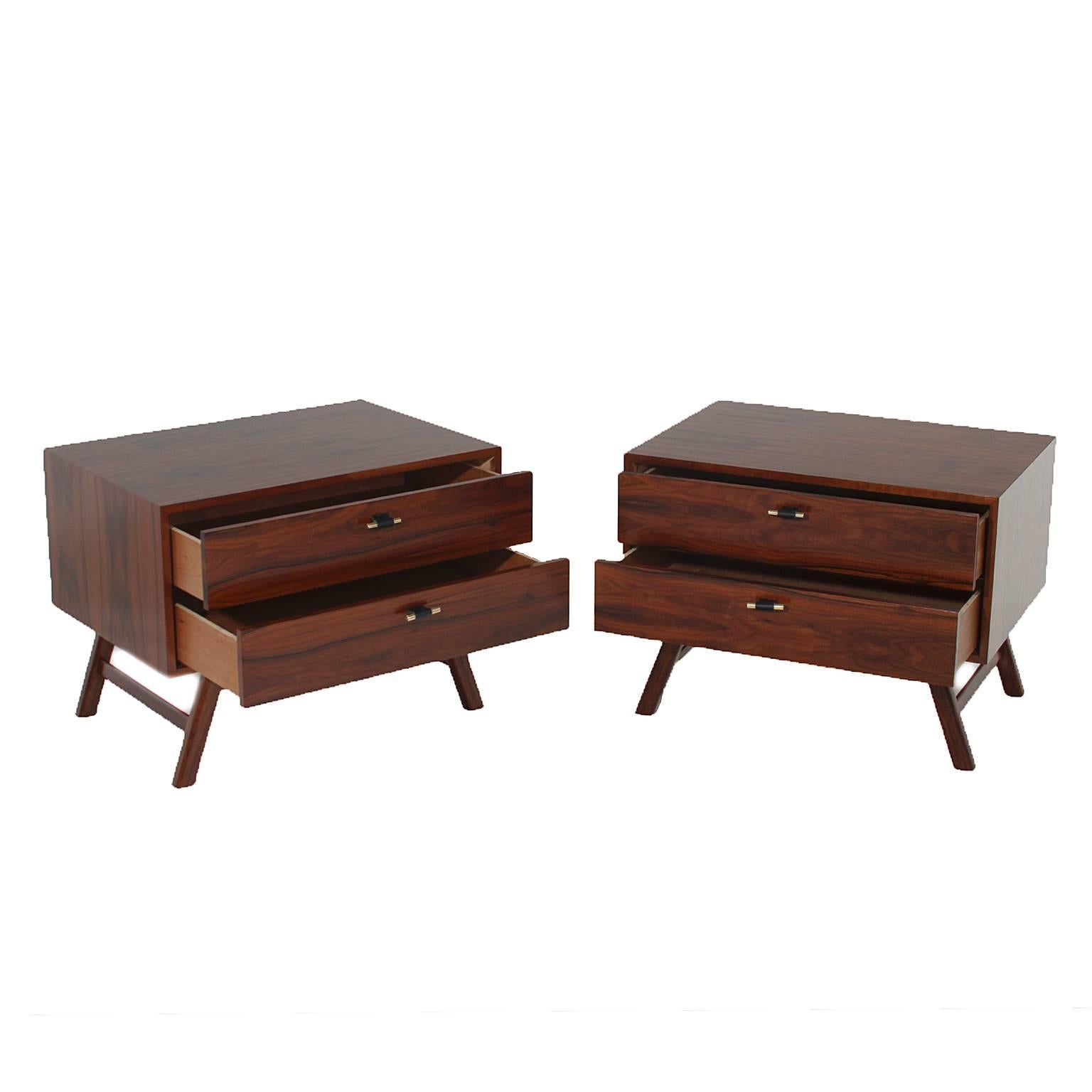 A stunning pair of Rosewood side tables or night stands with sculptural bases, soft close mechanisms and leather-wrapped Brass pulls.

WOOD OPTIONS:
Walnut, Mahogany, Oak, Rosewood

FINISH OPTIONS:
Satin Lacquer in bleached, natural, or