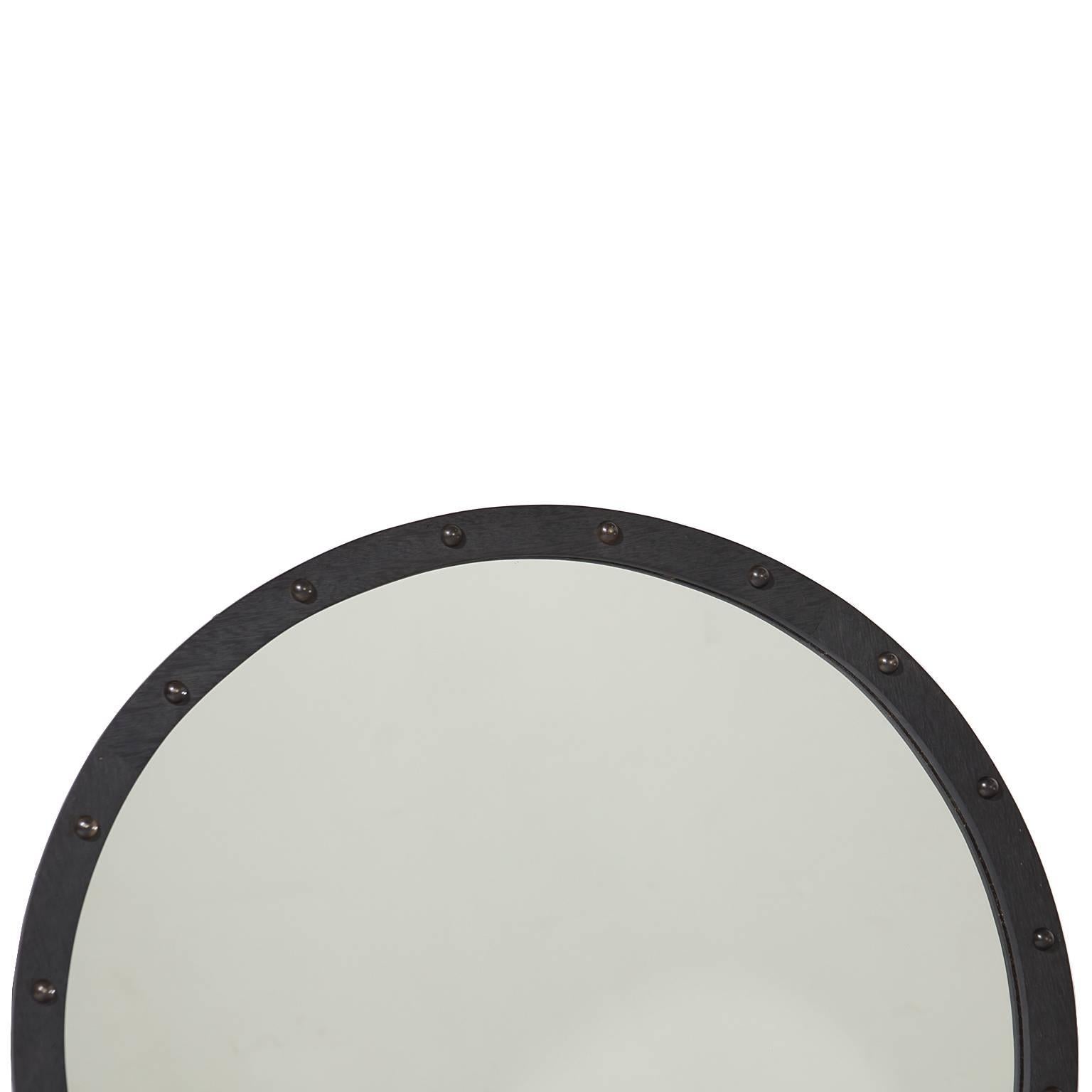 Round Exotic Hardwood Mirror with Antique Bronze Details In Good Condition In Los Angeles, CA