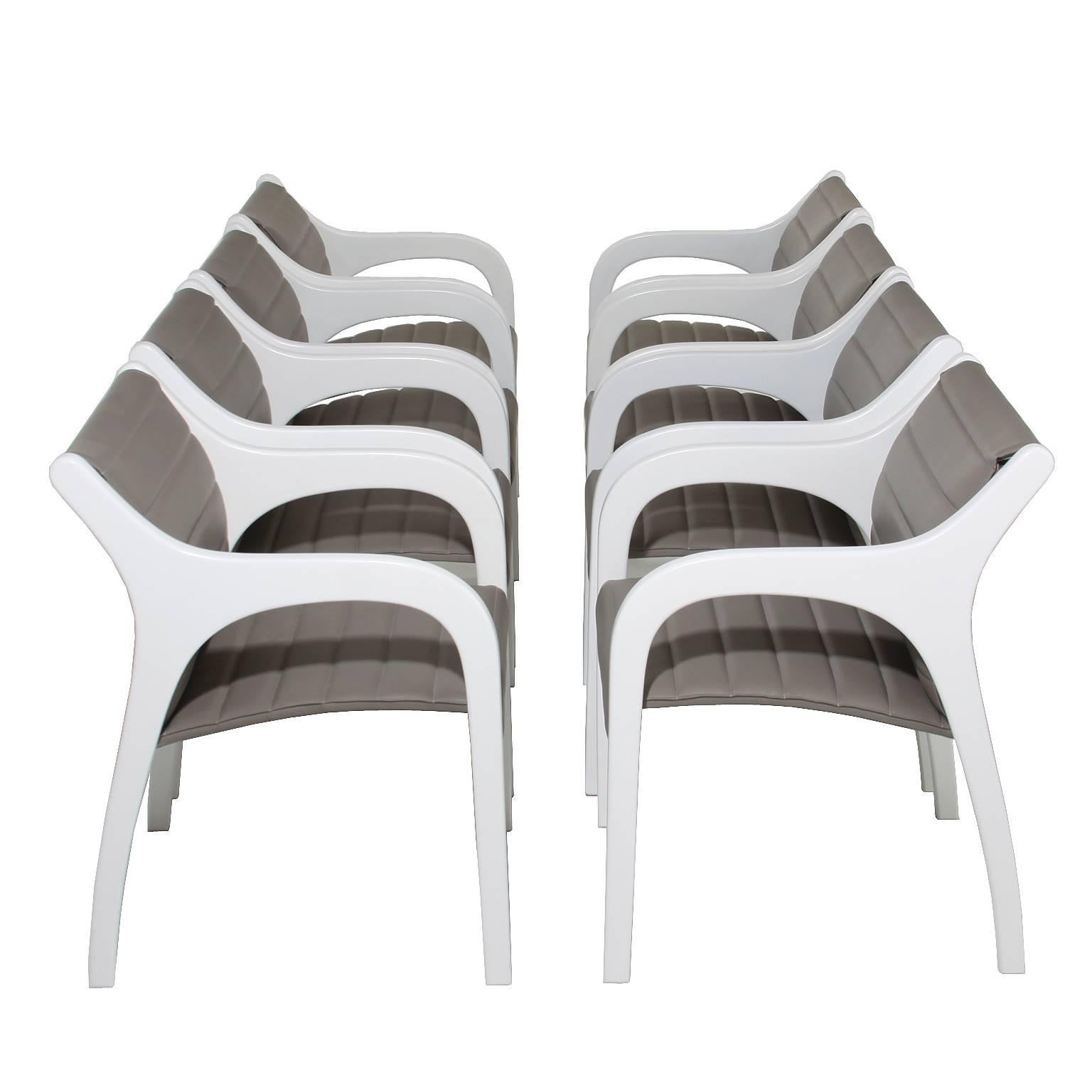 Brazilian  Set of Eight White with Gray Leather Dining Chairs or Armchairs with Slope Arms For Sale