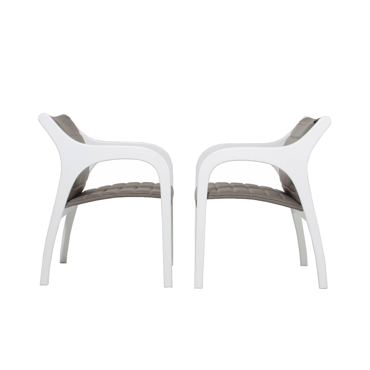  Set of Eight White with Gray Leather Dining Chairs or Armchairs with Slope Arms For Sale 2
