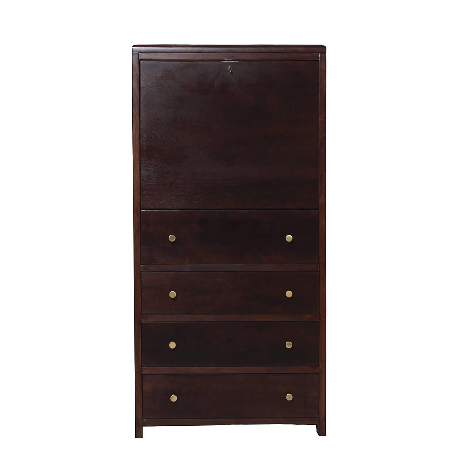 Vintage cabinet with brass pulls and black glass top. 

Many pieces are stored in our warehouse, so please click on "Contact Dealer" button under our logo below to find out if the pieces you are interested in seeing are on the gallery